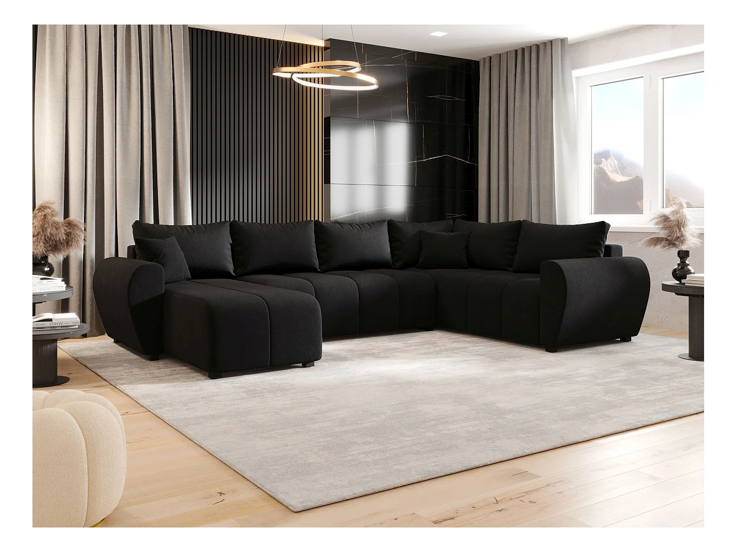 BEDANTE WOHNLANDSCHAFT MOLISA U PLUS Cosmic 100 Rechts Schwarz mit Schlaffunktion U-Form Sofa mit Stauraum Bettkasten