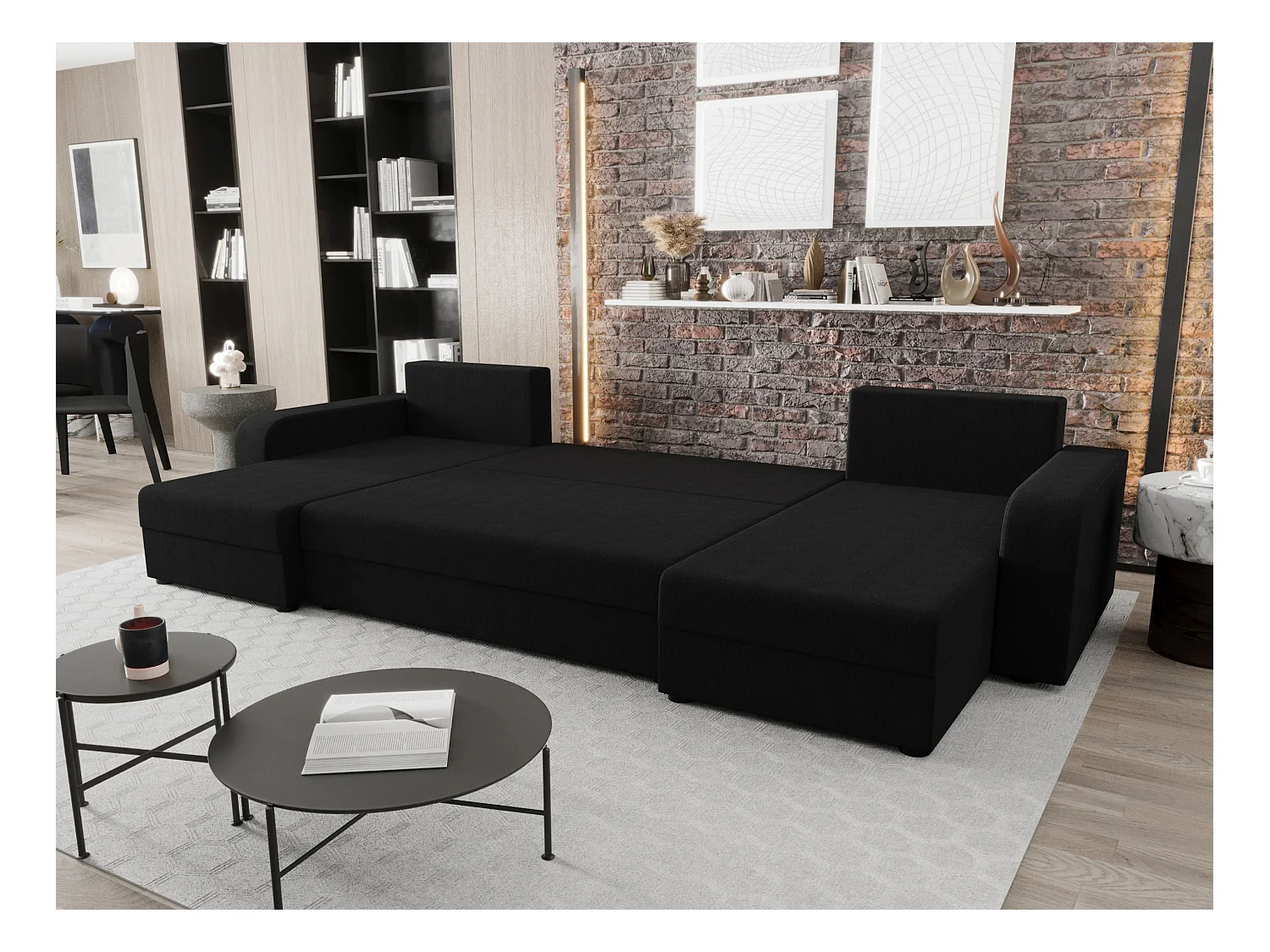 BEDANTE canapé panoramique HEWLET U BIS Cosmic 100 noir avec fonction de couchage canapé en U avec espace de rangement coffre