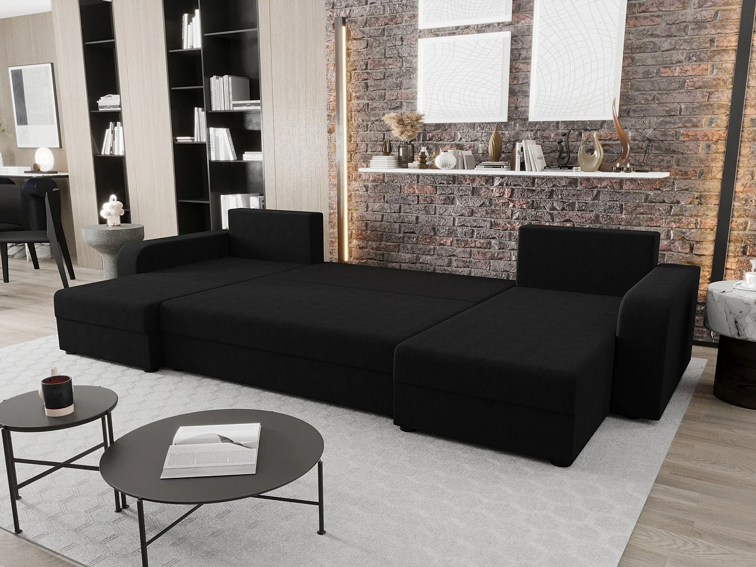 BEDANTE WOHNLANDSCHAFT HEWLET U BIS Cosmic 100 Schwarz mit Schlaffunktion U-Form Sofa mit Stauraum Bettkasten
