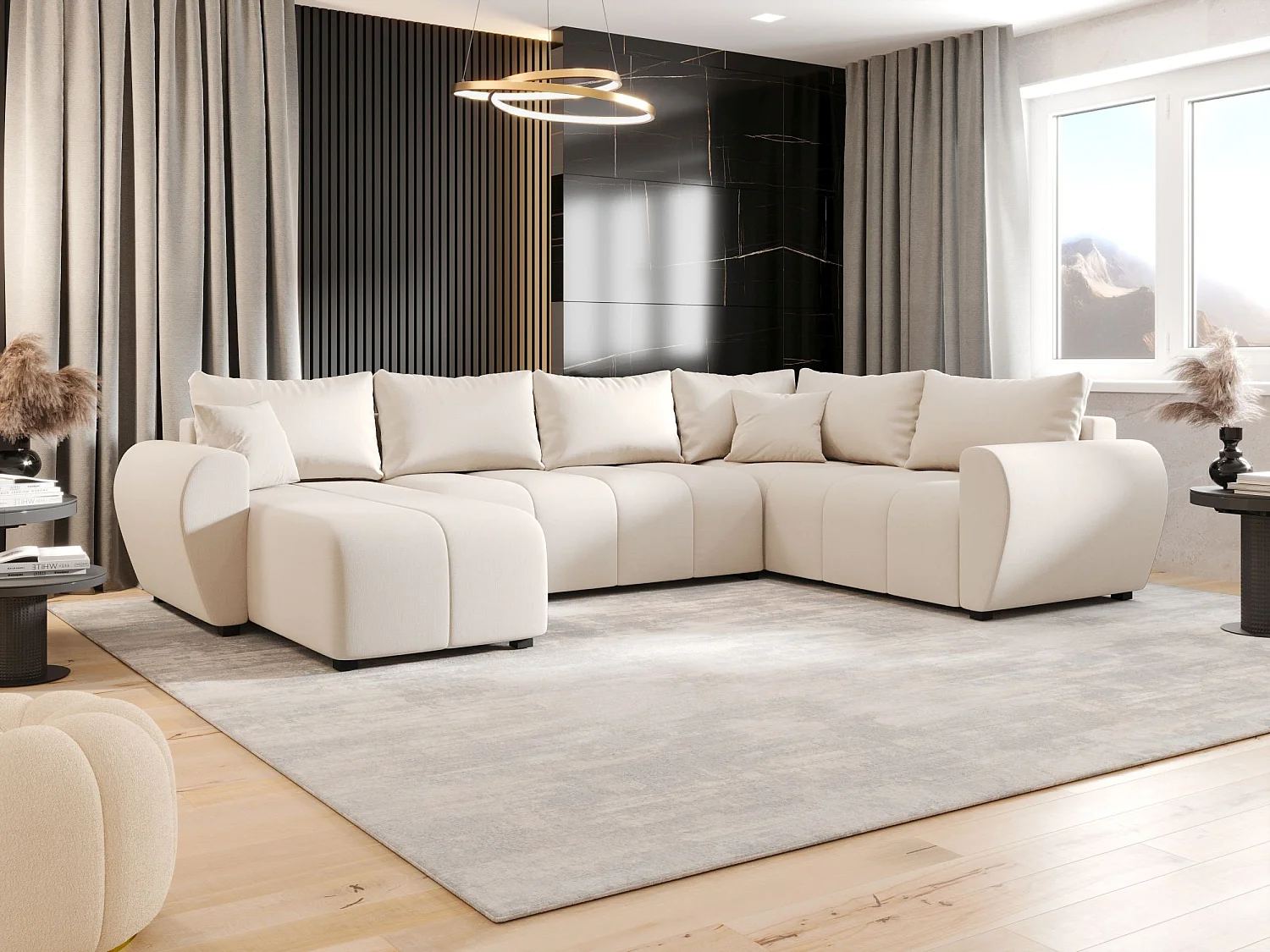 BEDANTE WOHNLANDSCHAFT MOLISA U PLUS Cosmic 10 Rechts Beige mit Schlaffunktion U-Form Sofa mit Stauraum Bettkasten