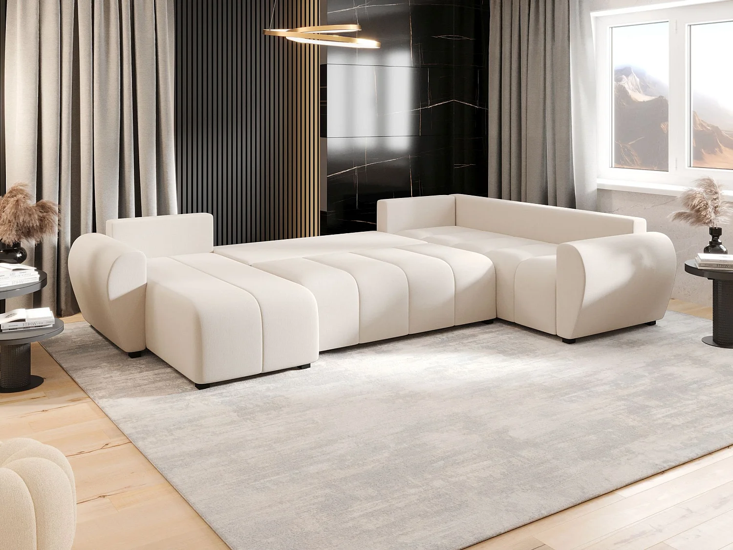 BEDANTE WOHNLANDSCHAFT MOLISA U PLUS Cosmic 10 Rechts Beige mit Schlaffunktion U-Form Sofa mit Stauraum Bettkasten