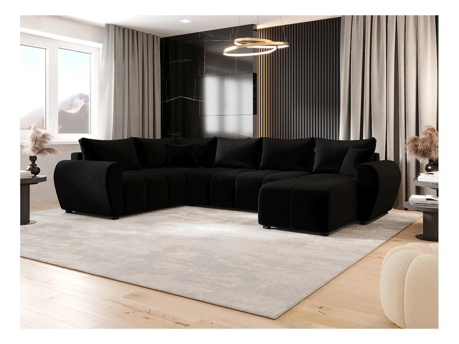 BEDANTE canapé panoramique MOLISA U PLUS Itaka 15 gauche noir avec fonction de couchage canapé en forme de U