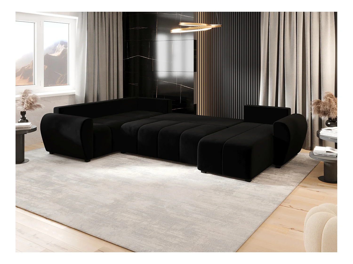 BEDANTE canapé panoramique MOLISA U PLUS Itaka 15 gauche noir avec fonction de couchage canapé en forme de U