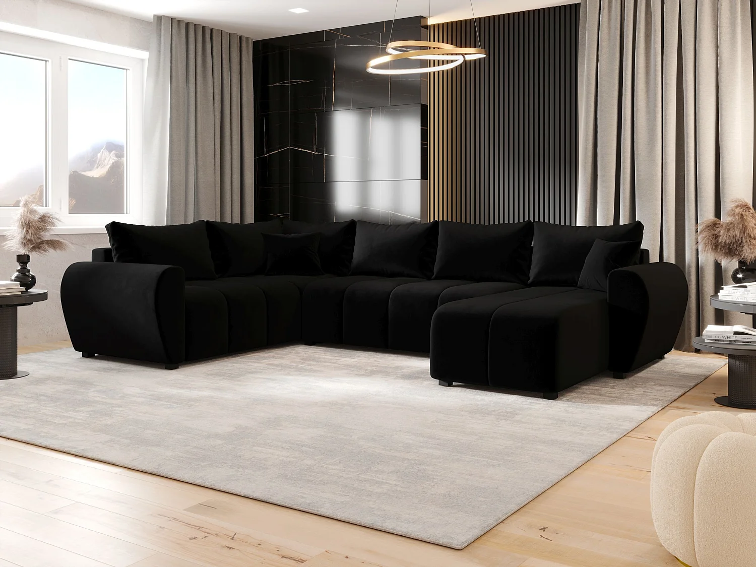 BEDANTE canapé panoramique MOLISA U PLUS Itaka 15 gauche noir avec fonction de couchage canapé en forme de U