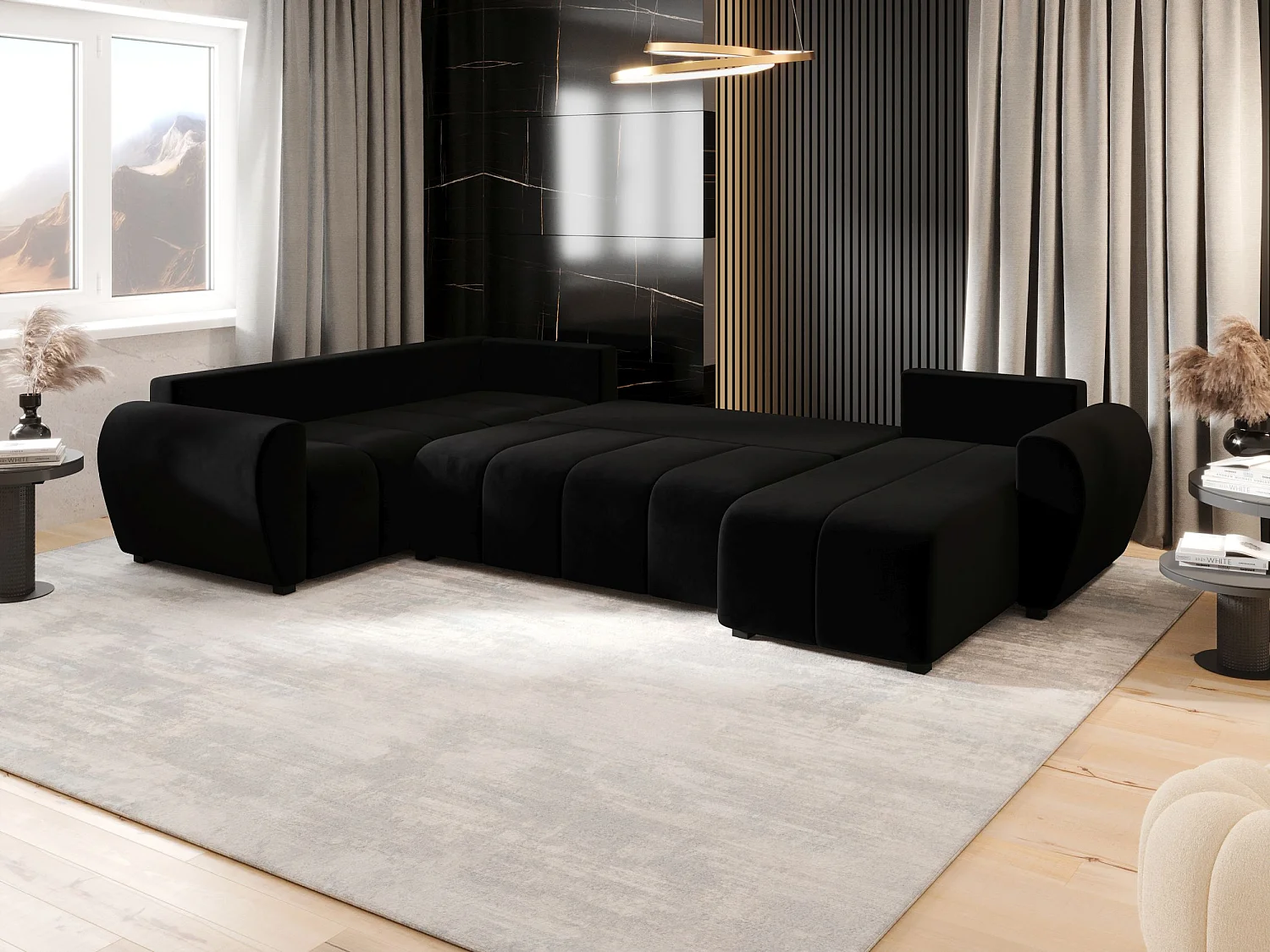 BEDANTE canapé panoramique MOLISA U PLUS Itaka 15 gauche noir avec fonction de couchage canapé en forme de U