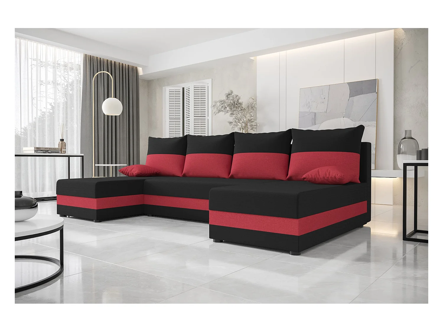 BEDANTE woonlandschap HEWLET U Sawana 14+13 zwart/Rot met slaapfunctie U-vormige bank met opbergruimte bedbox woonkamerbank bank sofa slaapbank bedbox slaapbank