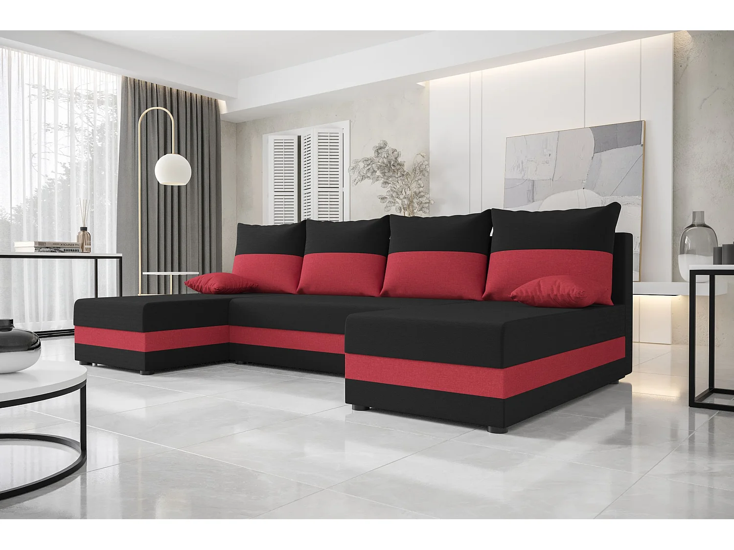 BEDANTE canapé panoramique HEWLET U Sawana 14+13 noir/Rot avec fonction de couchage canapé en U avec espace de rangement coffre