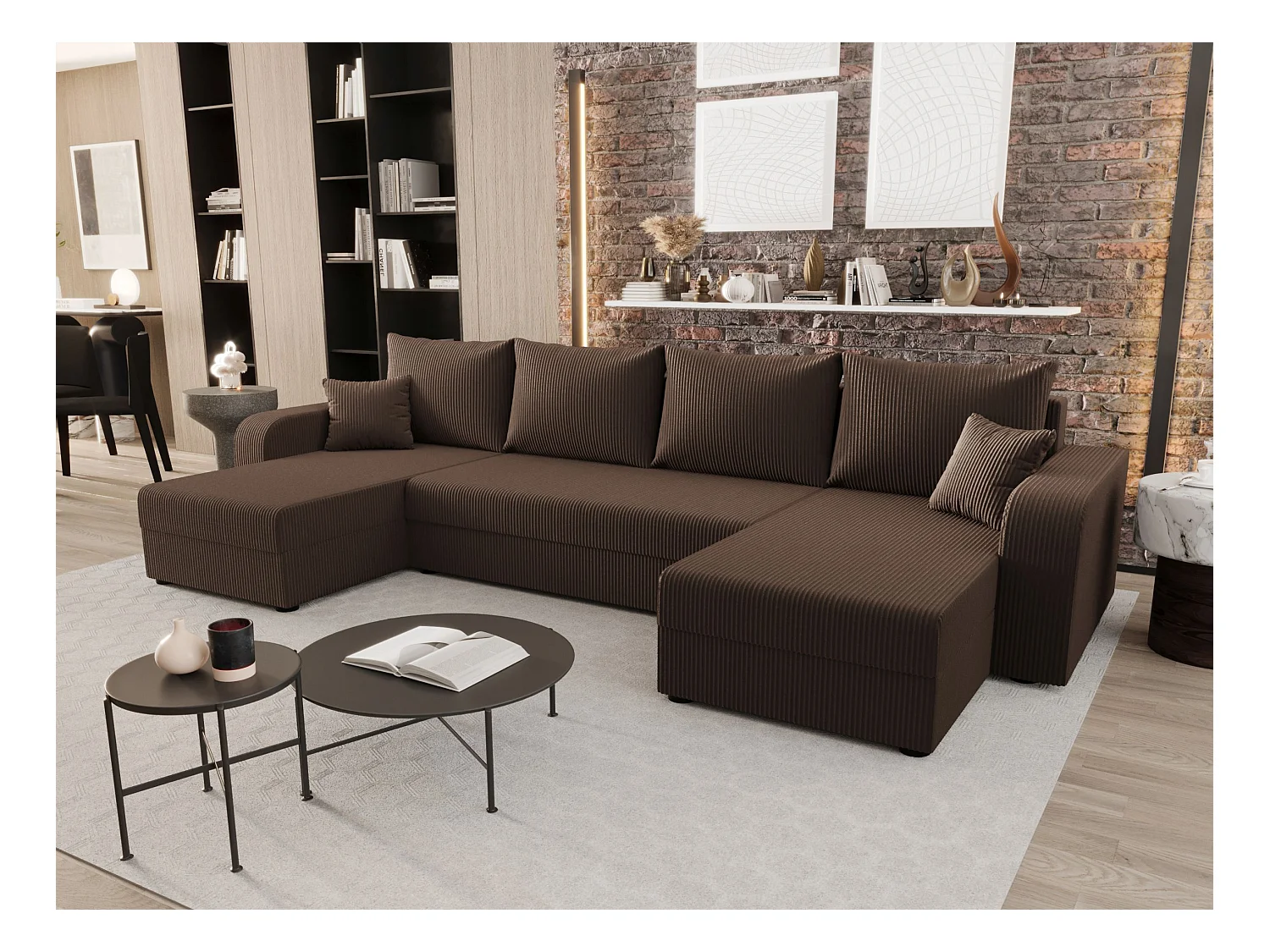 BEDANTE canapé panoramique HEWLET U BIS Zoom 5 marron avec fonction de couchage canapé en U avec espace de rangement coffre