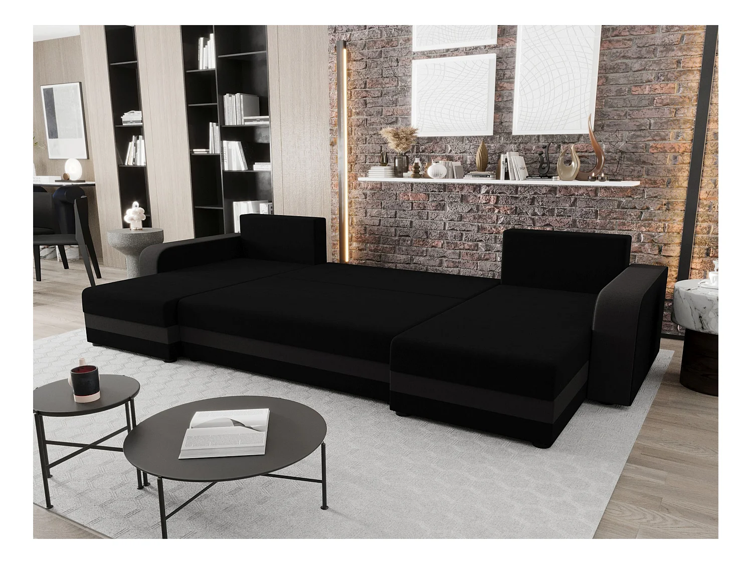 BEDANTE canapé panoramique HEWLET U BIS Sawana 14+05 noir/gris avec fonction de couchage canapé en U avec espace de rangement coffre