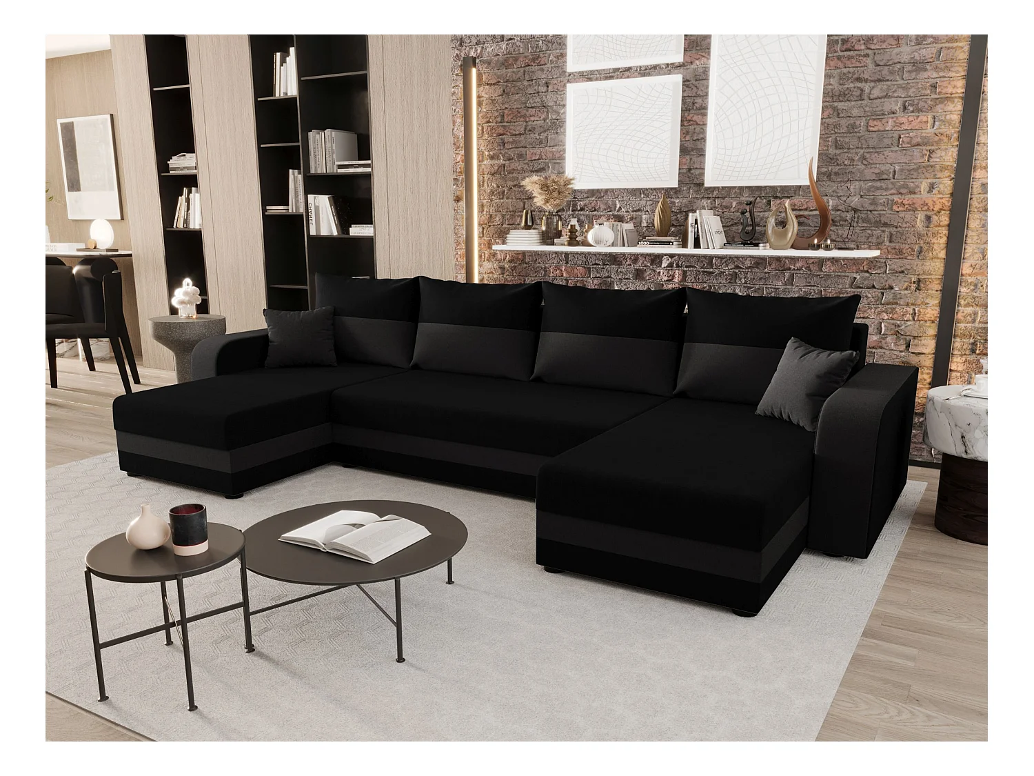 BEDANTE WOHNLANDSCHAFT HEWLET U BIS Sawana 14+05 Schwarz/Grau mit Schlaffunktion U-Form Sofa mit Stauraum Bettkasten