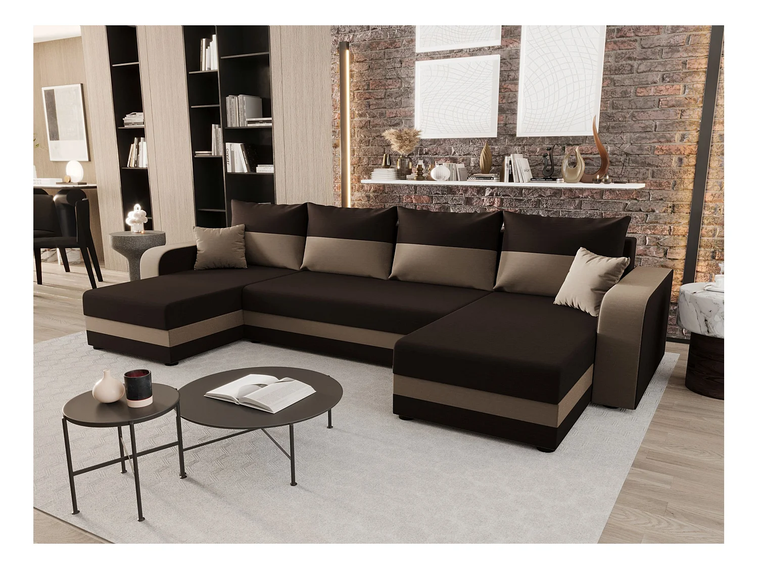 BEDANTE narożnik w kształcie U HEWLET U BIS Rainbow 41+05 brązowy/beżowy z funkcją spania sofa w kształcie litery U z pojemnikiem na pościel