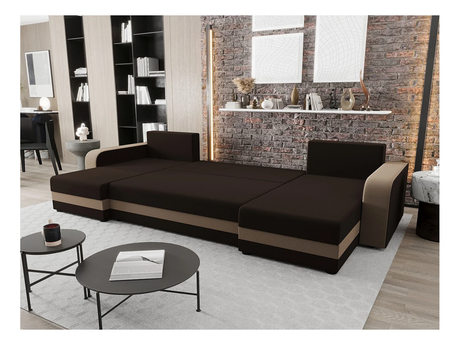 BEDANTE narożnik w kształcie U HEWLET U BIS Rainbow 41+05 brązowy/beżowy z funkcją spania sofa w kształcie litery U z pojemnikiem na pościel