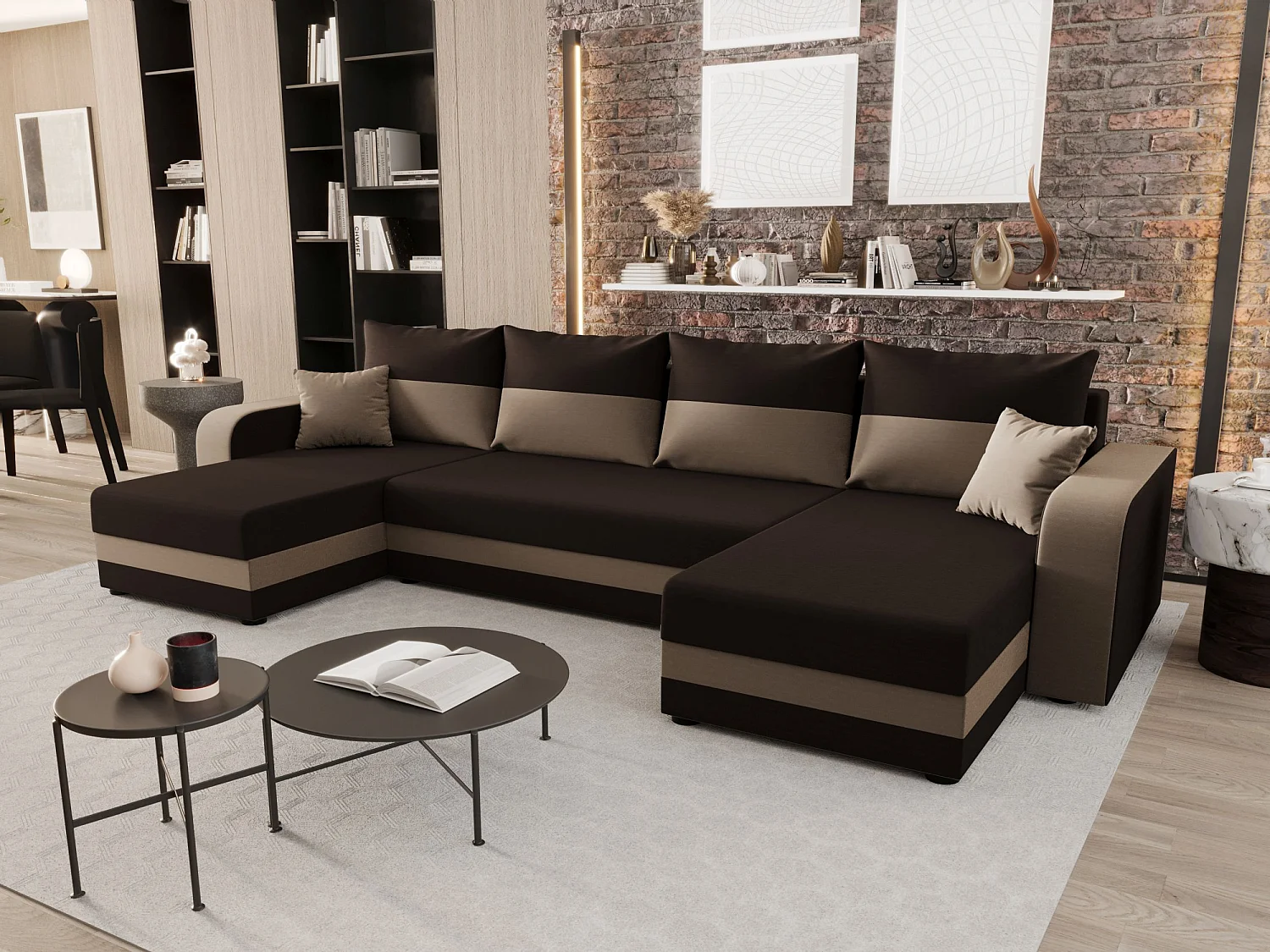 BEDANTE canapé panoramique HEWLET U BIS Rainbow 41+05 marron/beige avec fonction de couchage canapé en U avec espace de rangement coffre