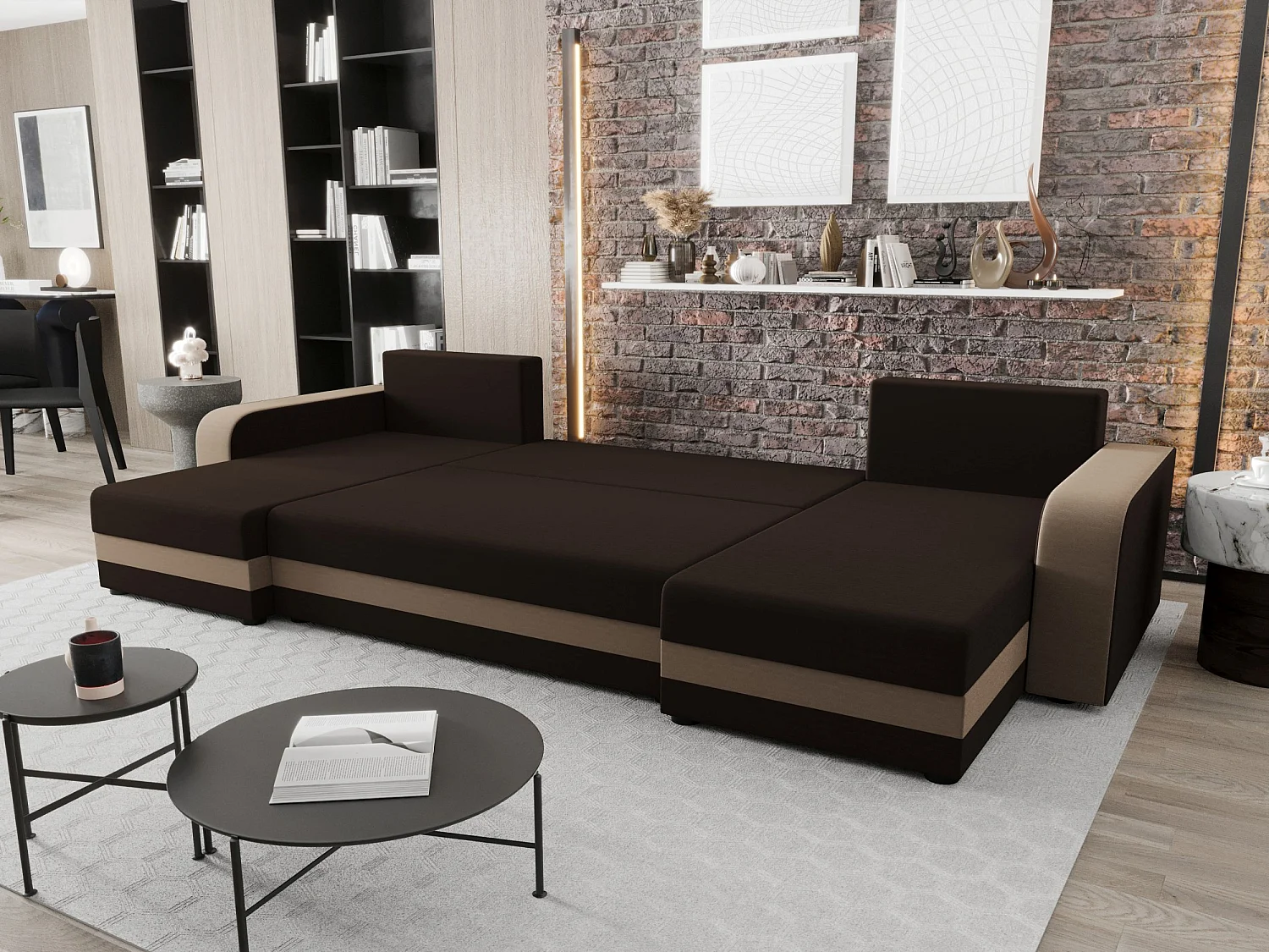 BEDANTE canapé panoramique HEWLET U BIS Rainbow 41+05 marron/beige avec fonction de couchage canapé en U avec espace de rangement coffre