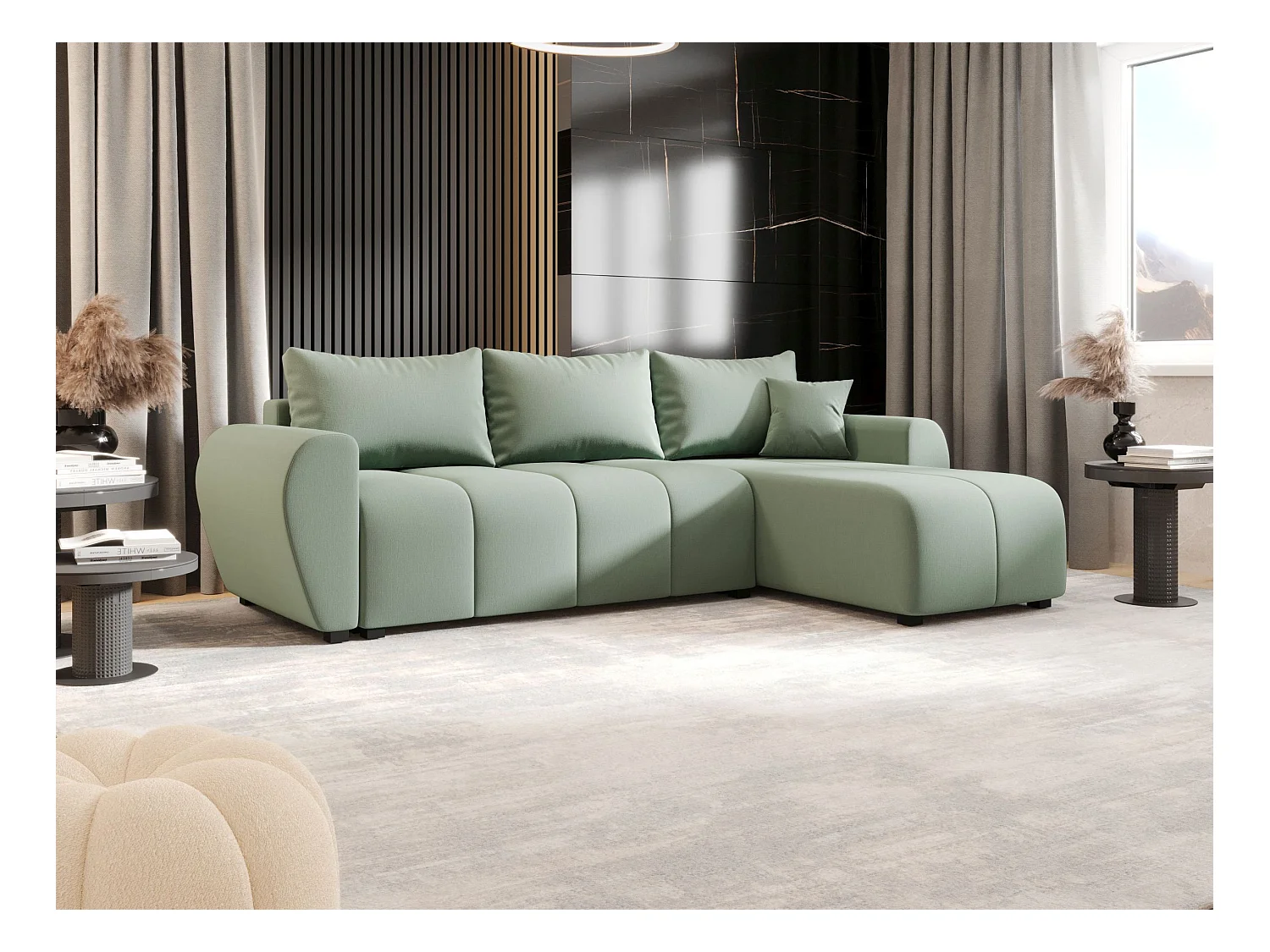 BEDANTE narożnik MOLISA L Cosmic 16 prawa jasnozielony z funkcją spania sofa w kształcie litery L z pojemnikiem na pościel