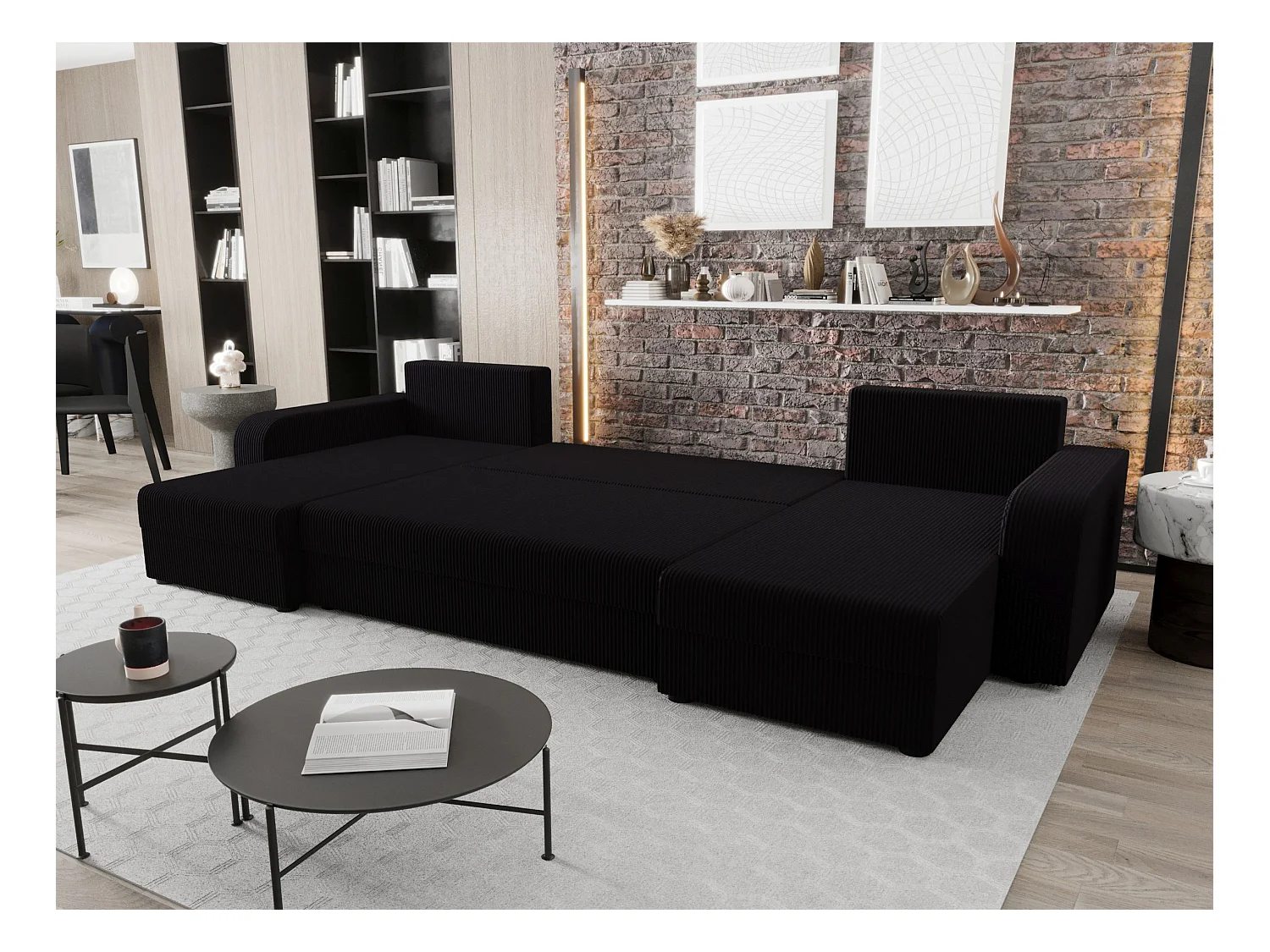 BEDANTE canapé panoramique HEWLET U BIS Zoom 23 noir avec fonction de couchage canapé en U avec espace de rangement coffre