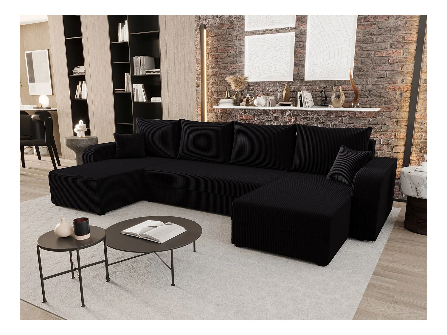 BEDANTE WOHNLANDSCHAFT HEWLET U BIS Zoom 23 Schwarz mit Schlaffunktion U-Form Sofa mit Stauraum Bettkasten Wohnzimmersofa Couch Sofa Bettsofa Bettkasten Bettcouch