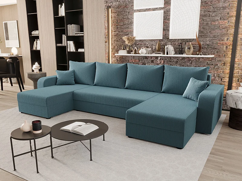 BEDANTE WOHNLANDSCHAFT HEWLET U BIS Zoom 14 Blau mit Schlaffunktion U-Form Sofa mit Stauraum Bettkasten Wohnzimmersofa Couch Sofa Bettsofa Bettkasten Bettcouch