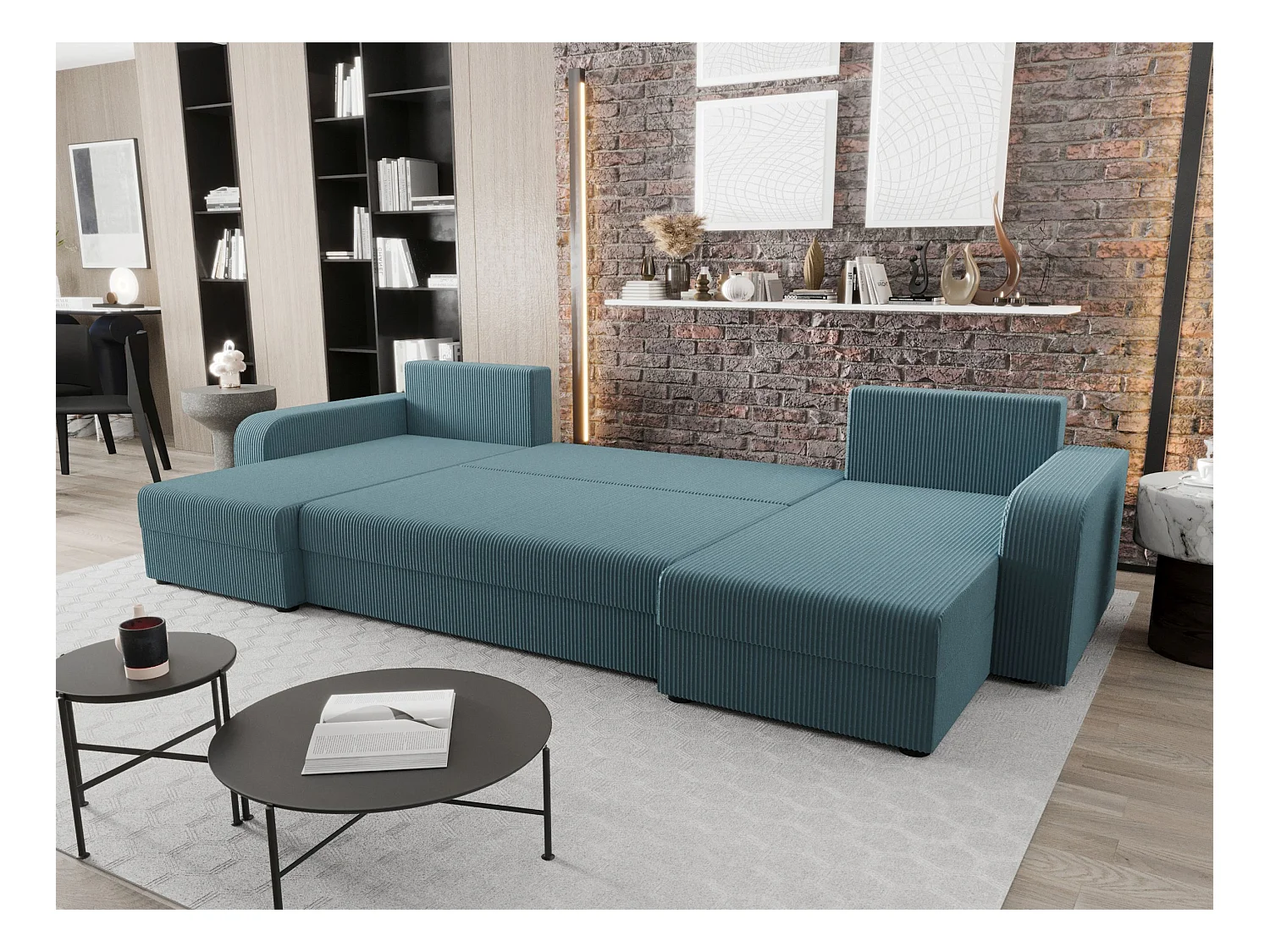 BEDANTE canapé panoramique HEWLET U BIS Zoom 14 Blau avec fonction de couchage canapé en U avec espace de rangement coffre