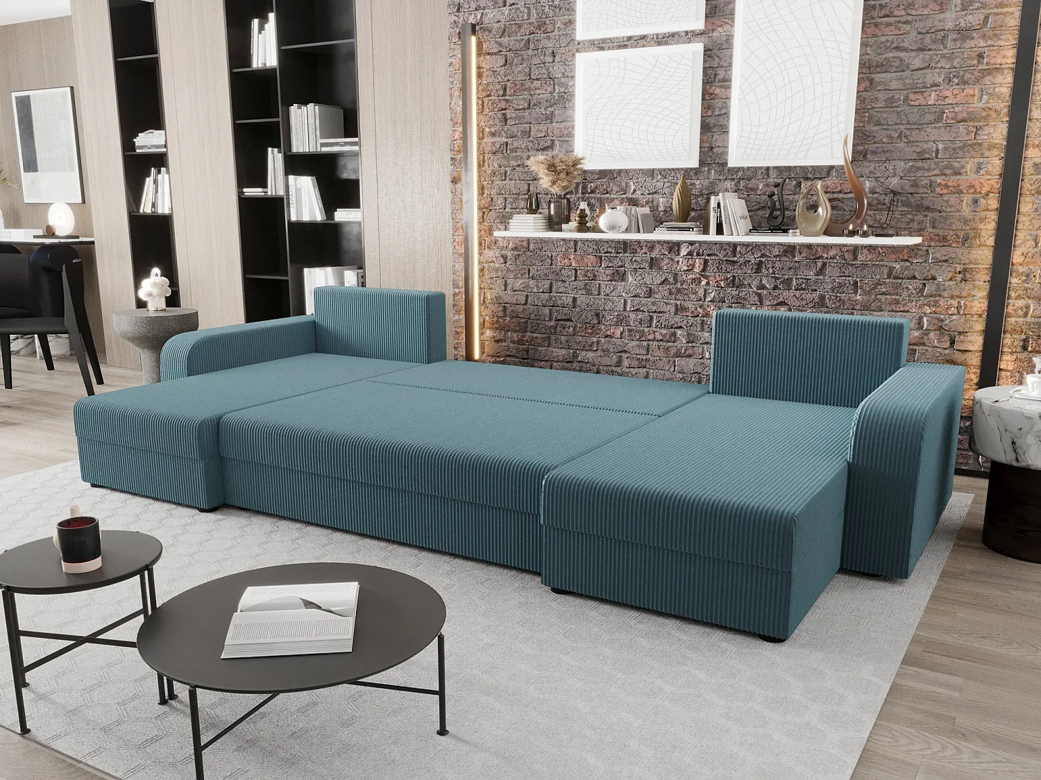 BEDANTE canapé panoramique HEWLET U BIS Zoom 14 Blau avec fonction de couchage canapé en U avec espace de rangement coffre