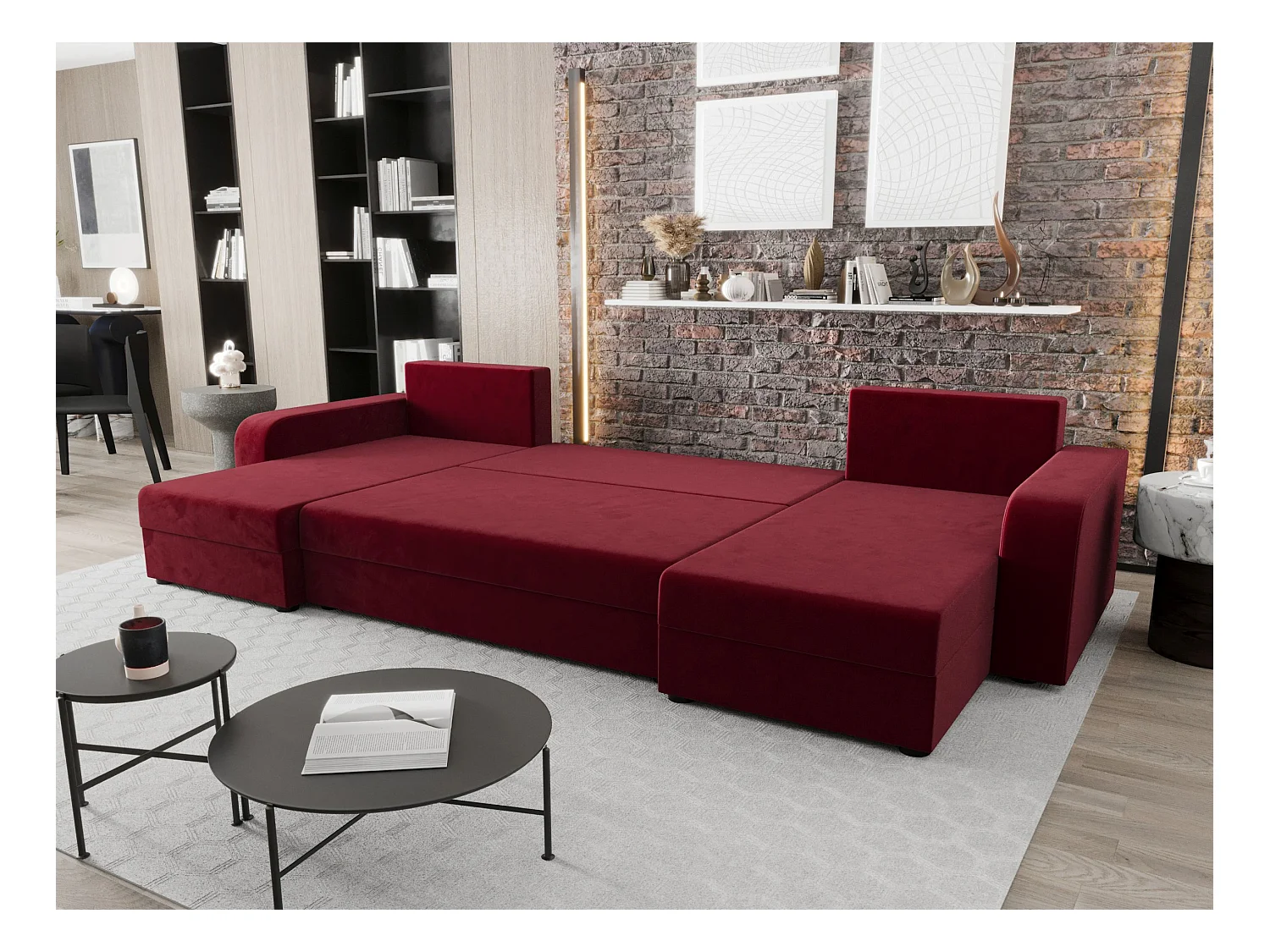 BEDANTE canapé panoramique HEWLET U BIS Itaka 34 rouge foncé avec fonction de couchage canapé en U avec espace de rangement coffre