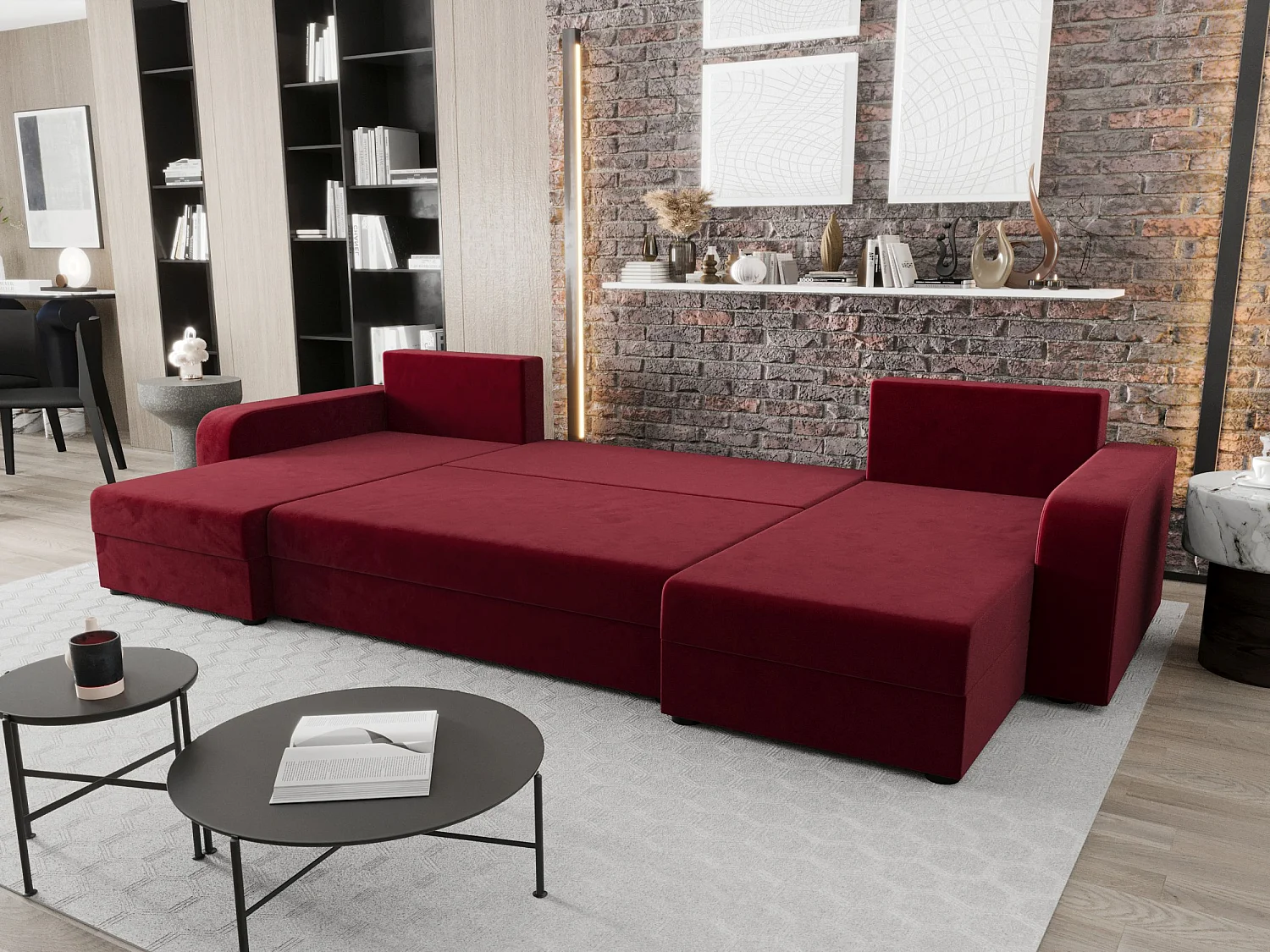 BEDANTE canapé panoramique HEWLET U BIS Itaka 34 rouge foncé avec fonction de couchage canapé en U avec espace de rangement coffre