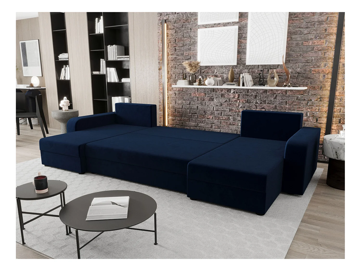 BEDANTE canapé panoramique HEWLET U BIS Itaka 11 bleu foncé avec fonction de couchage canapé en U avec espace de rangement coffre