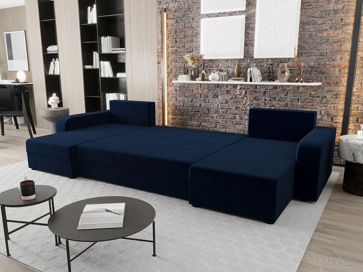 BEDANTE canapé panoramique HEWLET U BIS Itaka 11 bleu foncé avec fonction de couchage canapé en U avec espace de rangement coffre