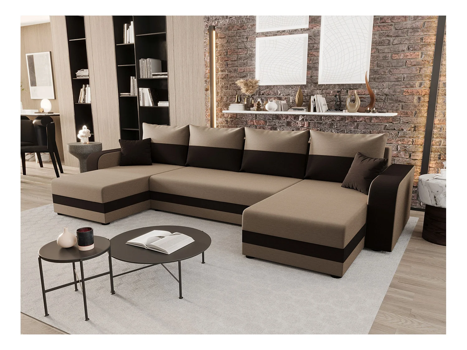 BEDANTE canapé panoramique HEWLET U BIS Rainbow 05+41 beige/marron avec fonction de couchage canapé en U avec espace de rangement coffre