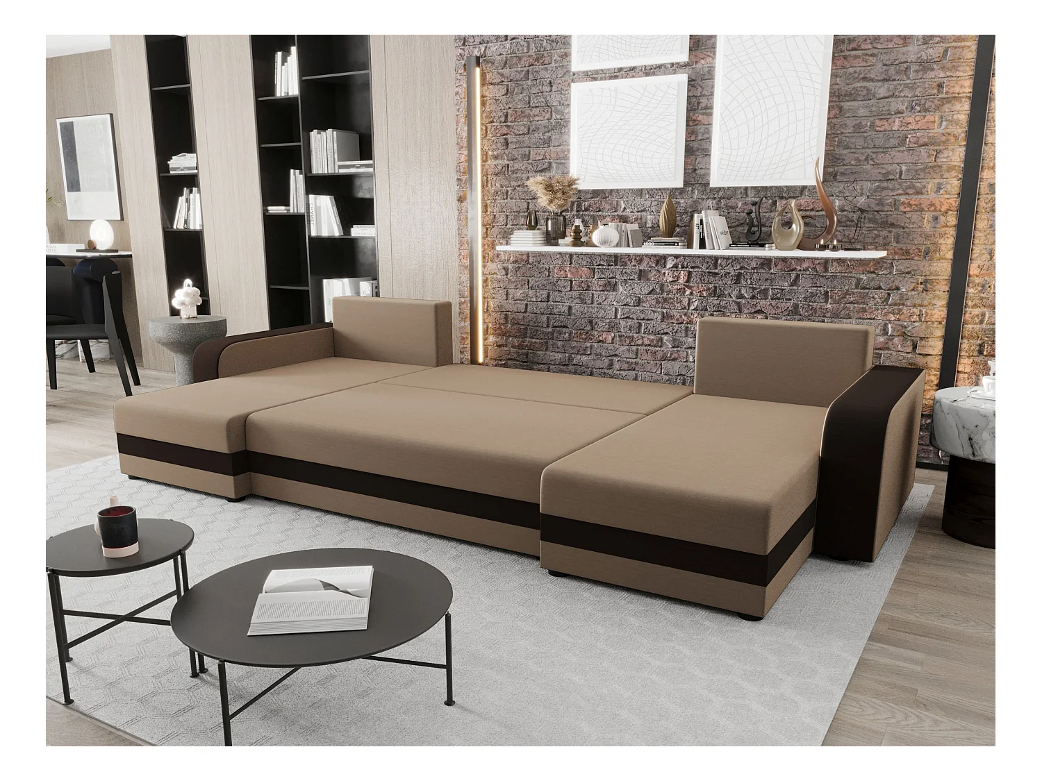 BEDANTE canapé panoramique HEWLET U BIS Rainbow 05+41 beige/marron avec fonction de couchage canapé en U avec espace de rangement coffre