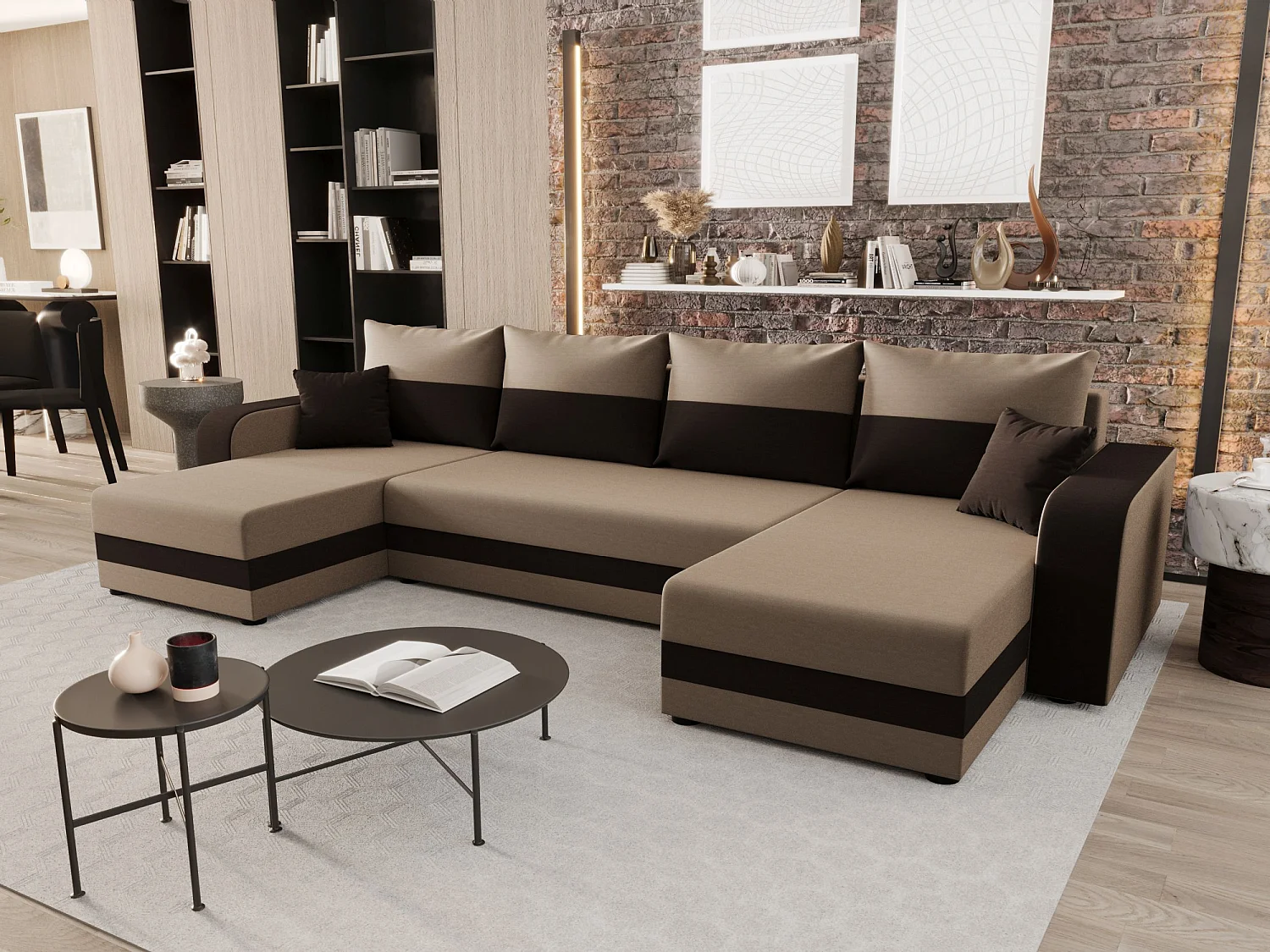 BEDANTE WOHNLANDSCHAFT HEWLET U BIS Rainbow 05+41 Beige/Braun mit Schlaffunktion U-Form Sofa mit Stauraum Bettkasten