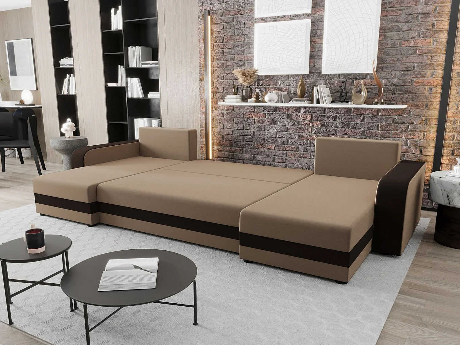 BEDANTE WOHNLANDSCHAFT HEWLET U BIS Rainbow 05+41 Beige/Braun mit Schlaffunktion U-Form Sofa mit Stauraum Bettkasten