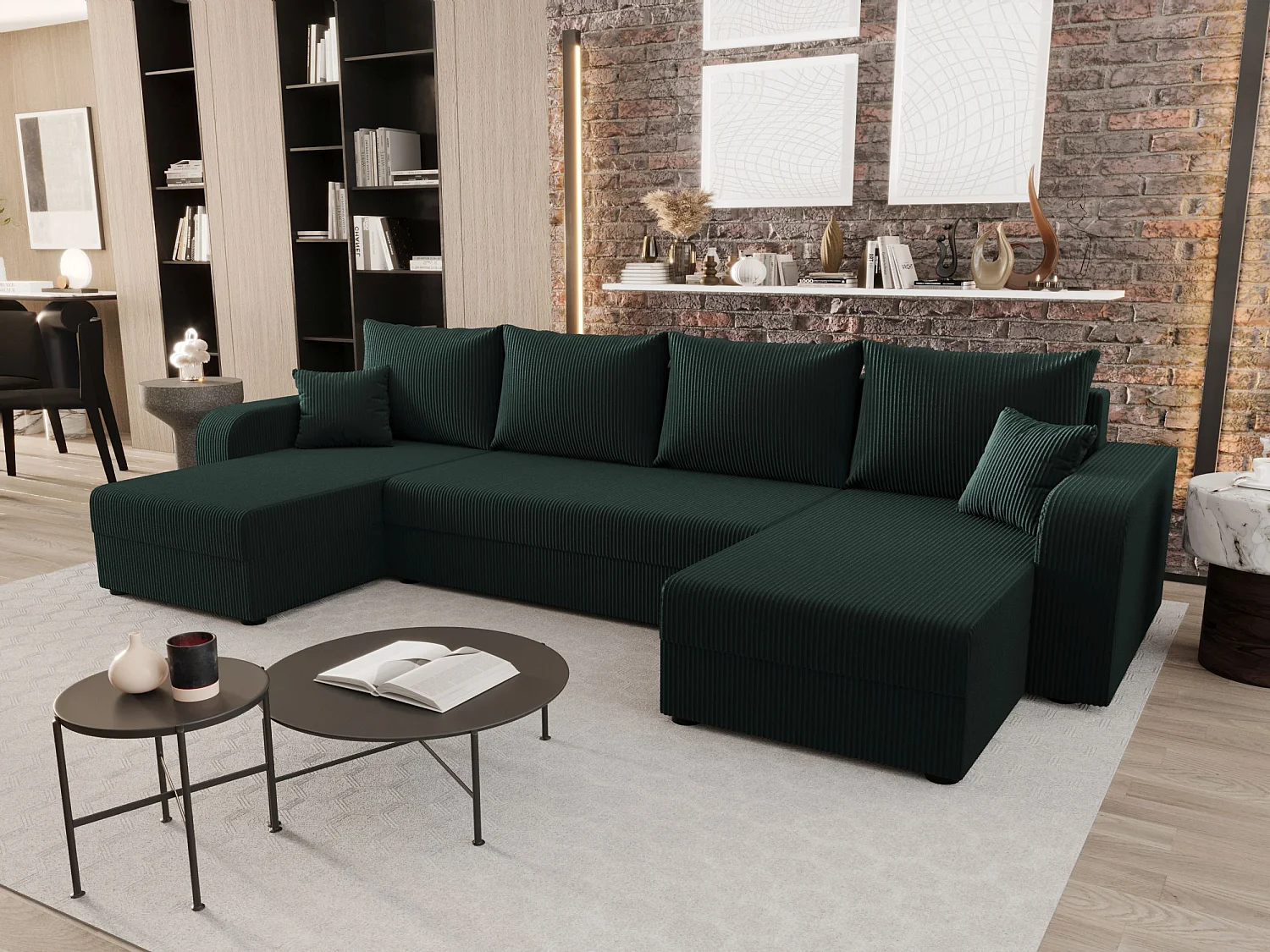 BEDANTE canapé panoramique HEWLET U BIS Zoom 10 Dunkelgrün avec fonction de couchage canapé en U avec espace de rangement coffre