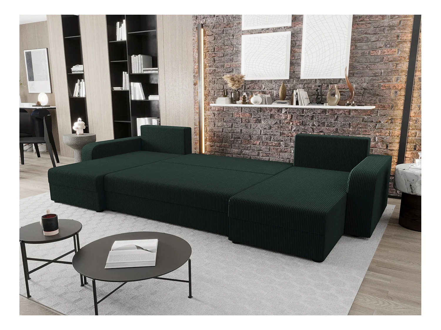 BEDANTE canapé panoramique HEWLET U BIS Zoom 10 Dunkelgrün avec fonction de couchage canapé en U avec espace de rangement coffre