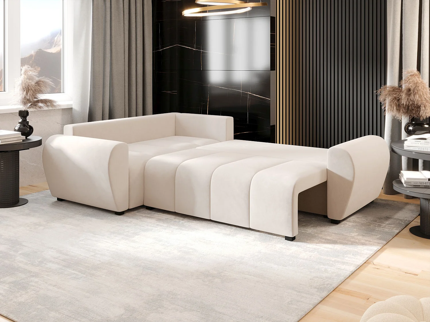 Canapé d'angle convertible 3 places en tissu beige
