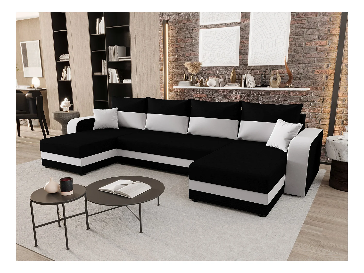 BEDANTE WOHNLANDSCHAFT HEWLET U BIS Rainbow 15+31 Schwarz/Weiß mit Schlaffunktion U-Form Sofa mit Stauraum Bettkasten