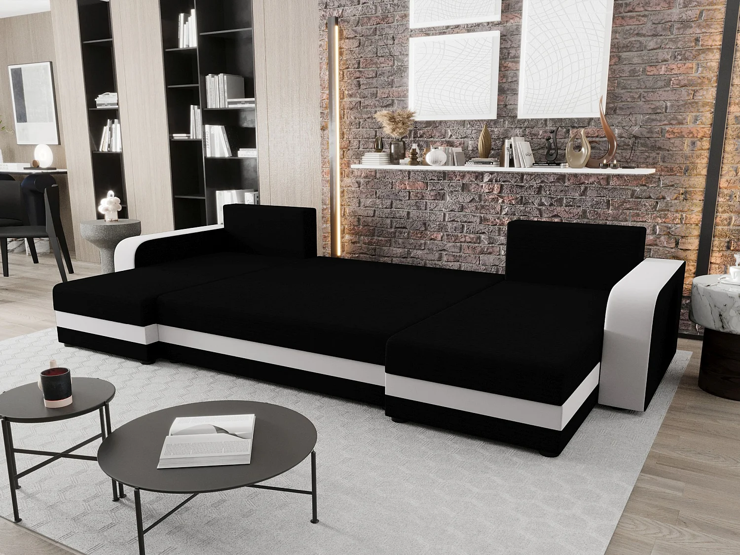 BEDANTE canapé panoramique HEWLET U BIS Rainbow 15+31 noir/Weiß avec fonction de couchage canapé en U avec espace de rangement coffre