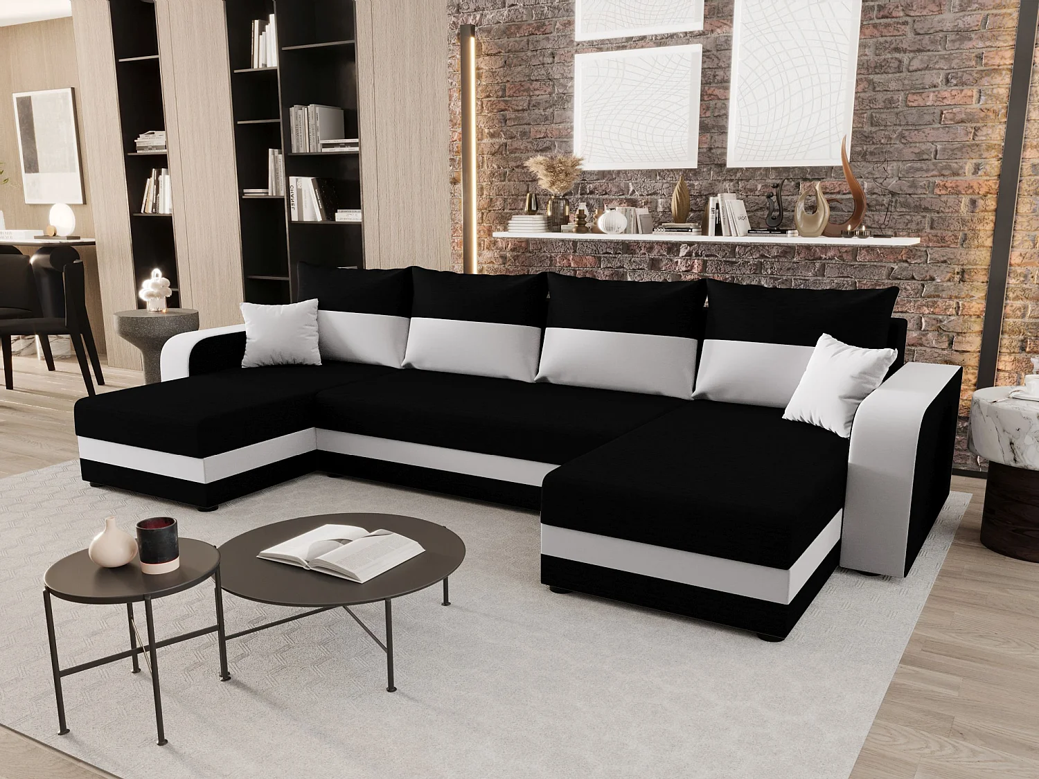 BEDANTE woonlandschap HEWLET U BIS Rainbow 15+31 zwart/Weiß met slaapfunctie U-vormige bank met opbergruimte bedbox