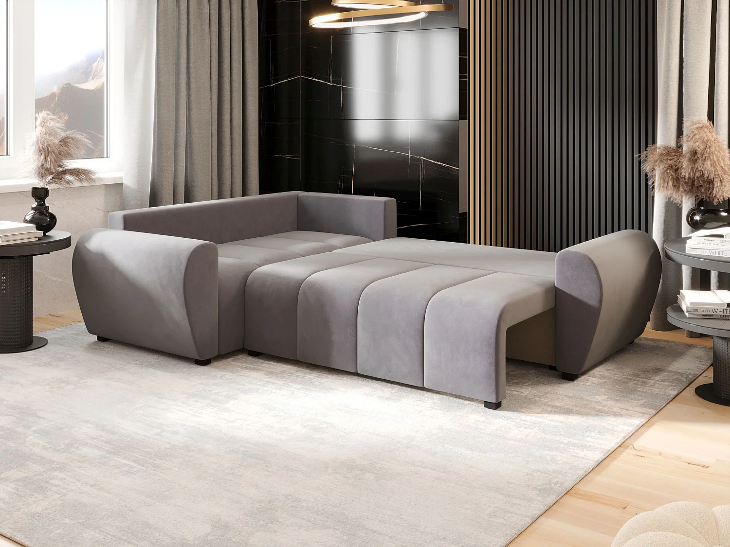 Canapé d'angle convertible 3 places en tissu gris