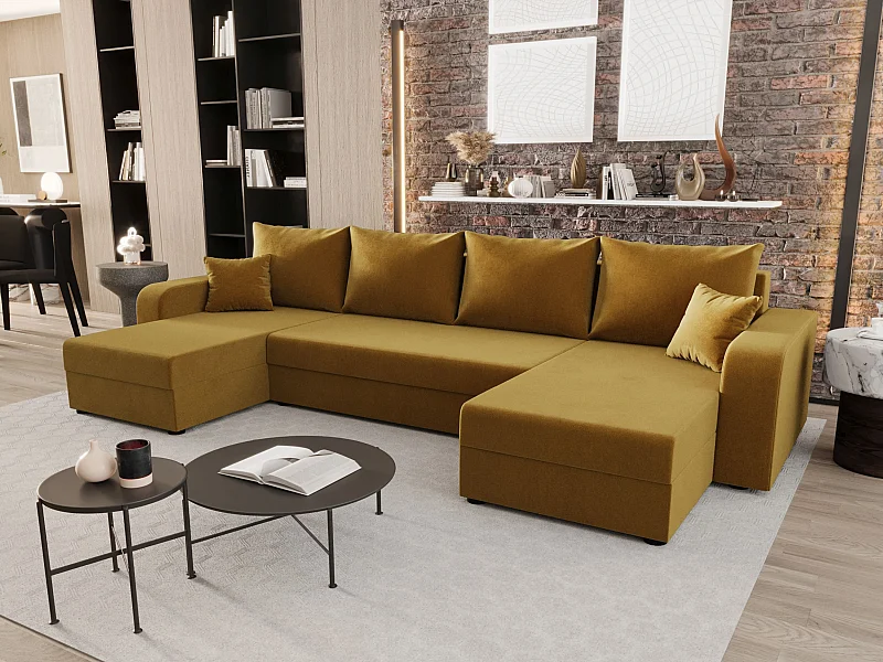 BEDANTE canapé panoramique HEWLET U BIS Itaka 33 mit orange Schlaffunktion canapé en U avec espace de rangement coffre