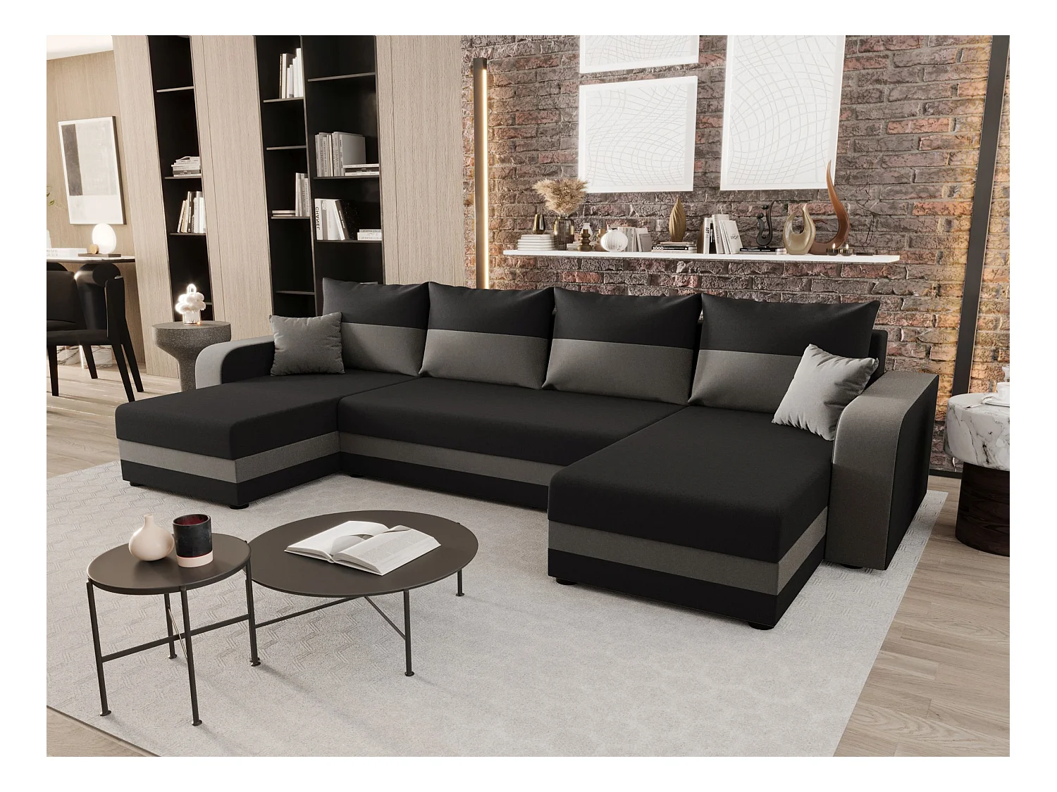 BEDANTE canapé panoramique HEWLET U BIS Sawana 05+21 gris/beige avec fonction de couchage canapé en U avec espace de rangement coffre