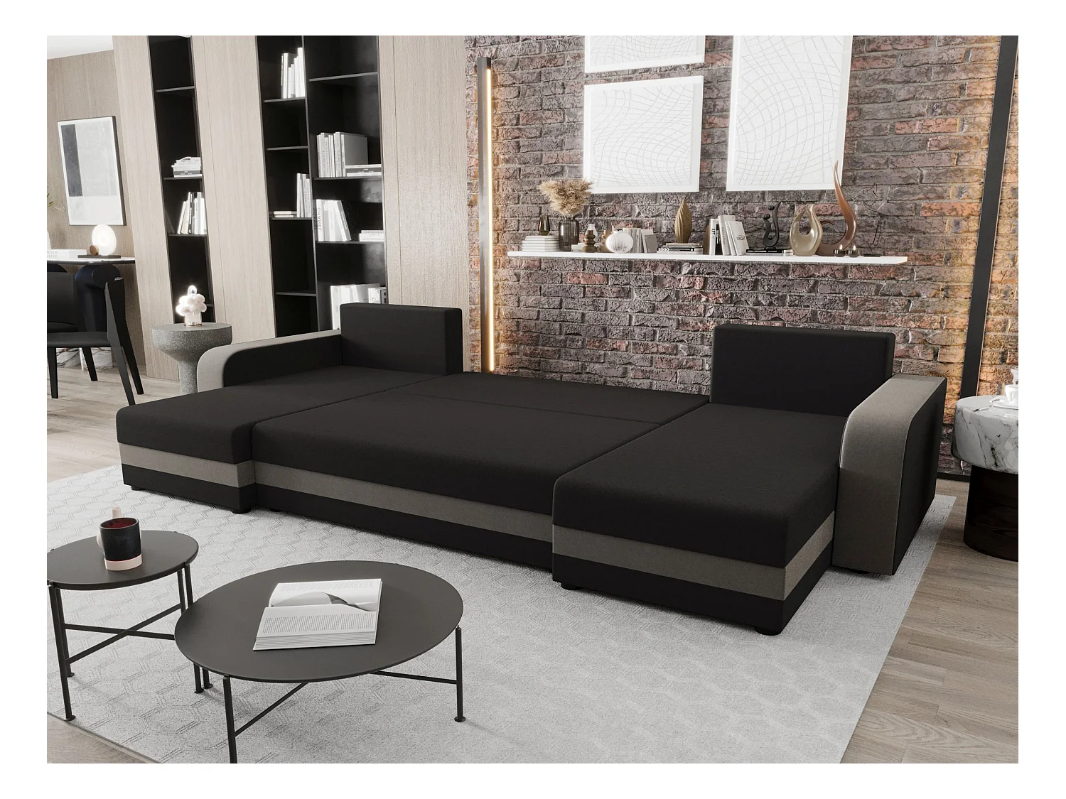 BEDANTE canapé panoramique HEWLET U BIS Sawana 05+21 gris/beige avec fonction de couchage canapé en U avec espace de rangement coffre