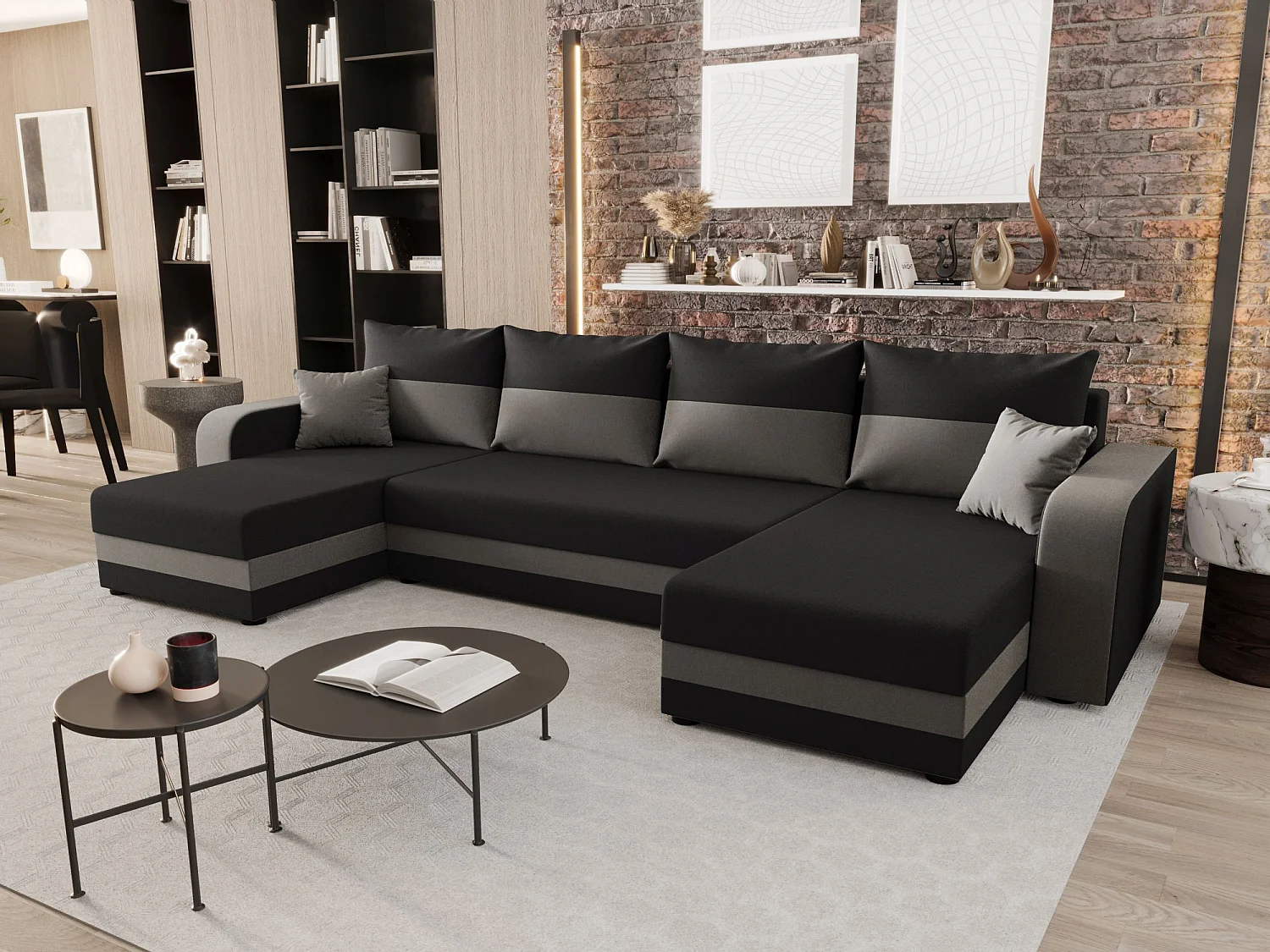 BEDANTE canapé panoramique HEWLET U BIS Sawana 05+21 gris/beige avec fonction de couchage canapé en U avec espace de rangement coffre