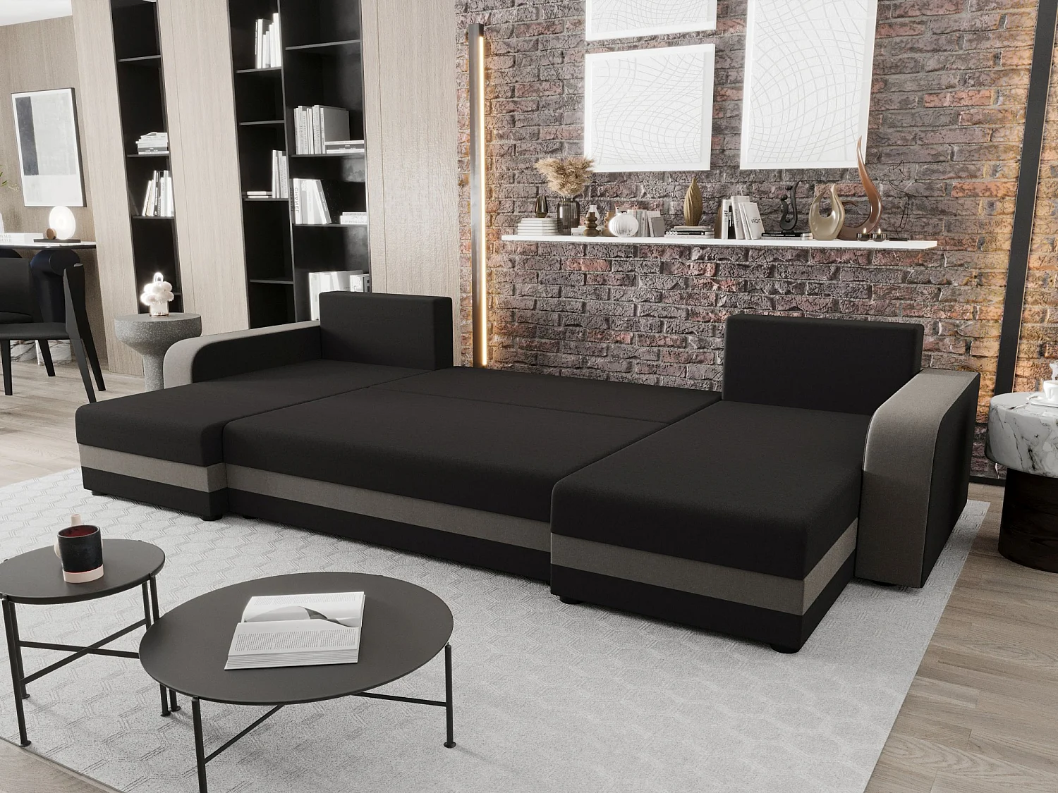 BEDANTE canapé panoramique HEWLET U BIS Sawana 05+21 gris/beige avec fonction de couchage canapé en U avec espace de rangement coffre