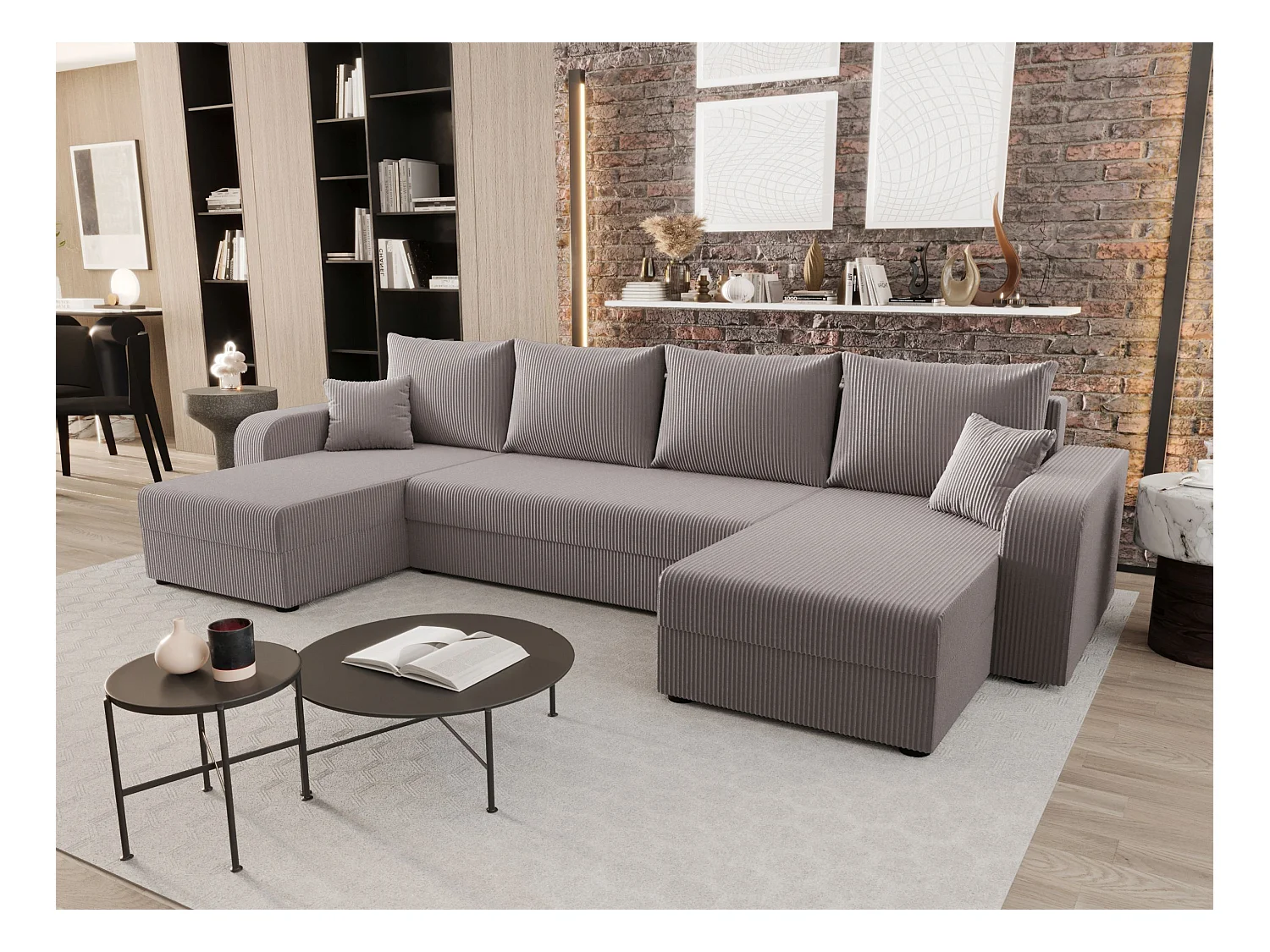 BEDANTE canapé panoramique HEWLET U BIS Zoom 19 gris avec fonction de couchage canapé en U avec espace de rangement coffre
