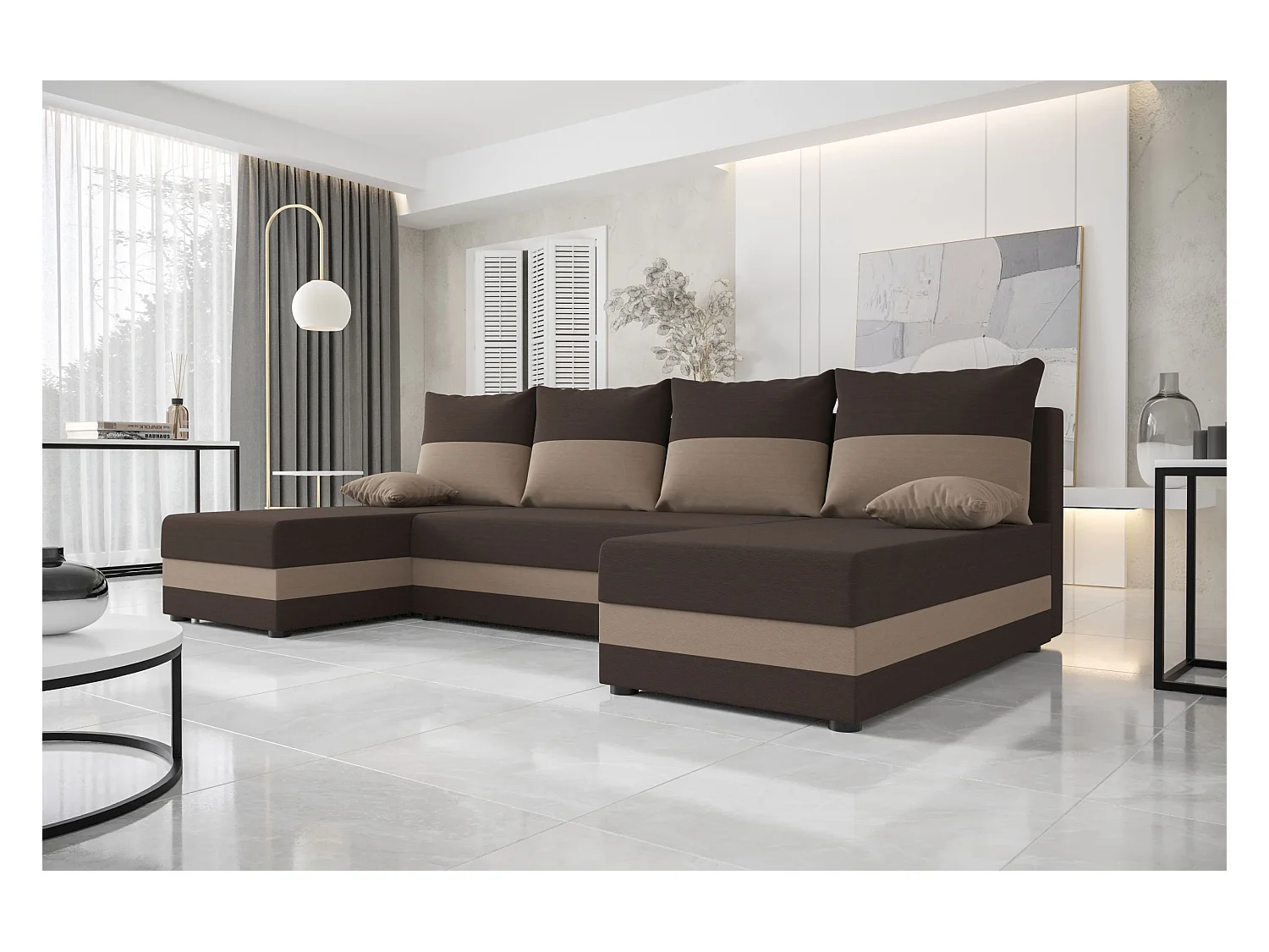 BEDANTE canapé panoramique HEWLET U Rainbow 41+05 marron/beige avec fonction de couchage canapé en U avec espace de rangement coffre