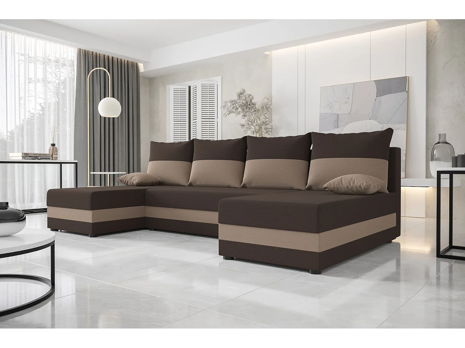BEDANTE canapé panoramique HEWLET U Rainbow 41+05 marron/beige avec fonction de couchage canapé en U avec espace de rangement coffre