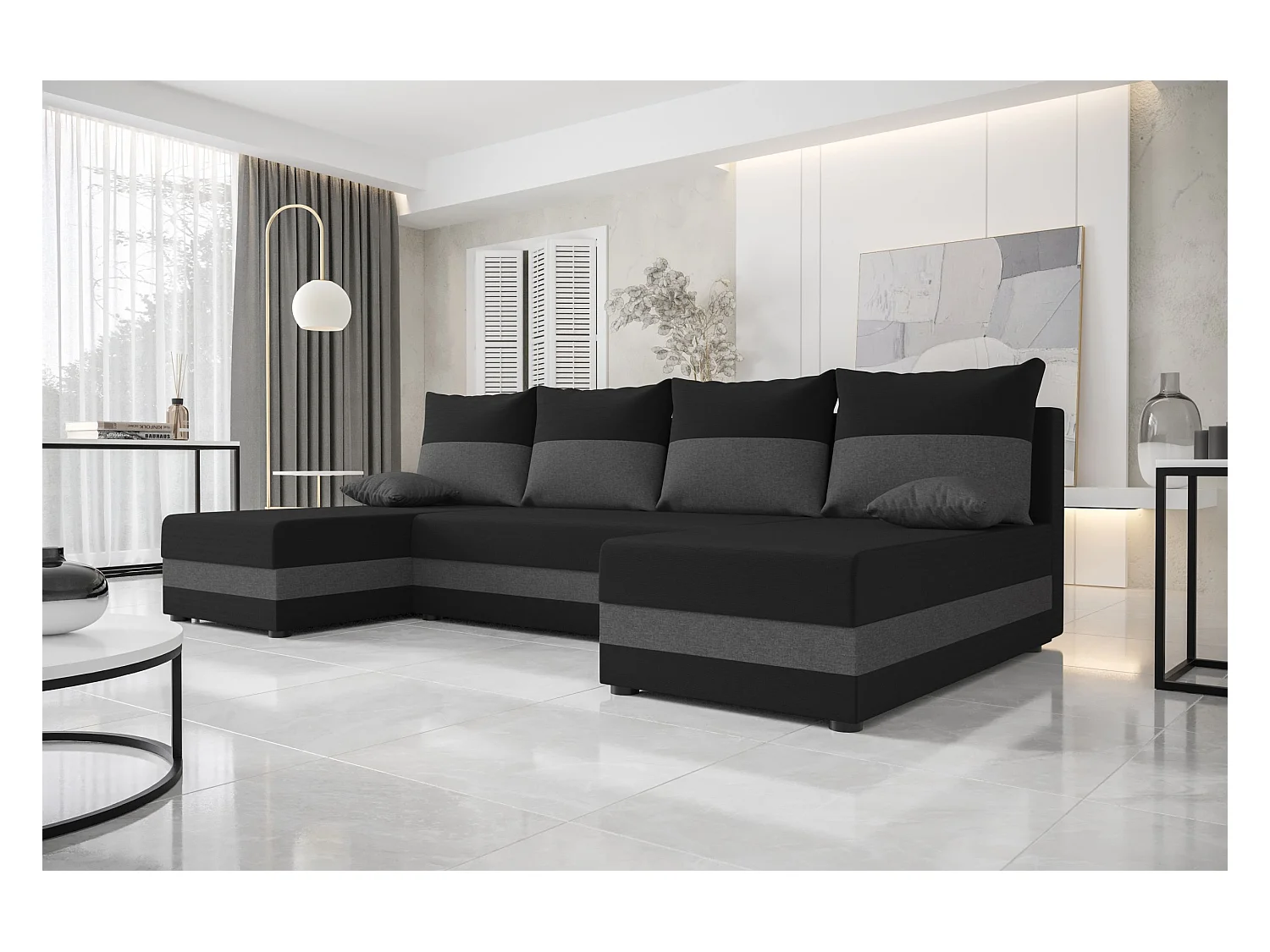 BEDANTE canapé panoramique HEWLET U Sawana 14+05 noir/gris avec fonction de couchage canapé en U avec espace de rangement coffre