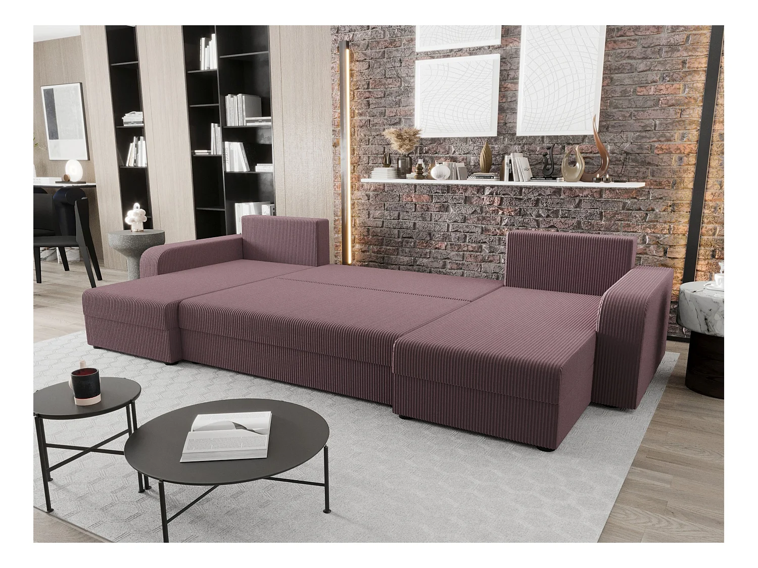 BEDANTE canapé panoramique HEWLET U BIS Zoom 17 rose foncé avec fonction de couchage canapé en U avec espace de rangement coffre