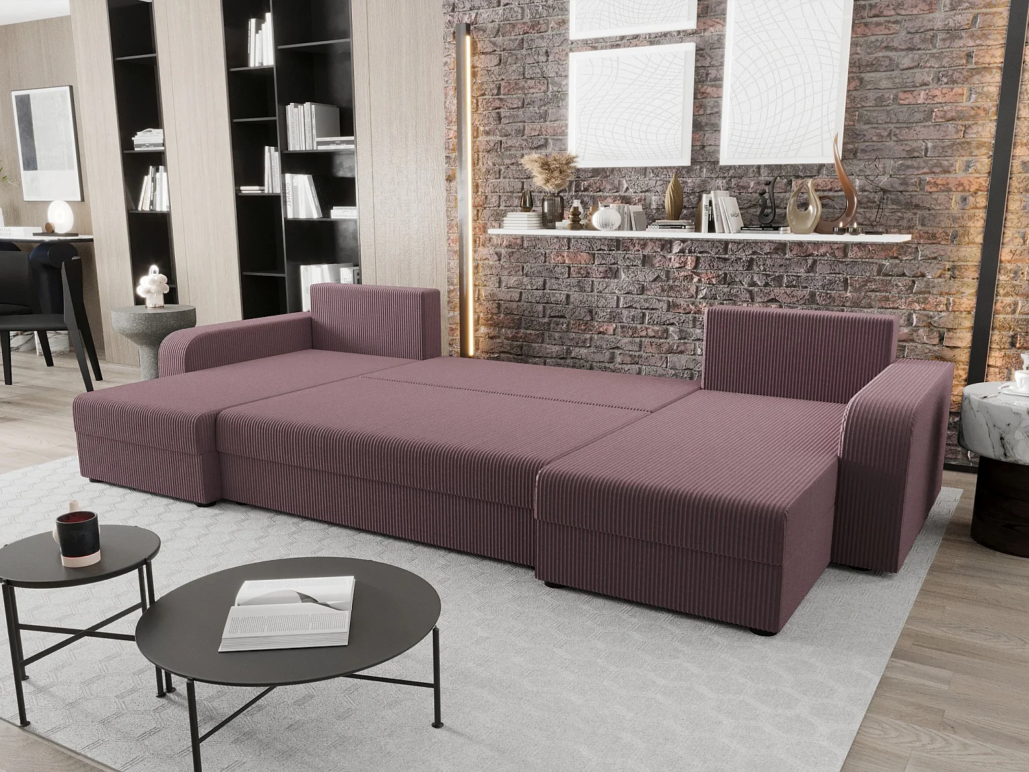 BEDANTE canapé panoramique HEWLET U BIS Zoom 17 rose foncé avec fonction de couchage canapé en U avec espace de rangement coffre